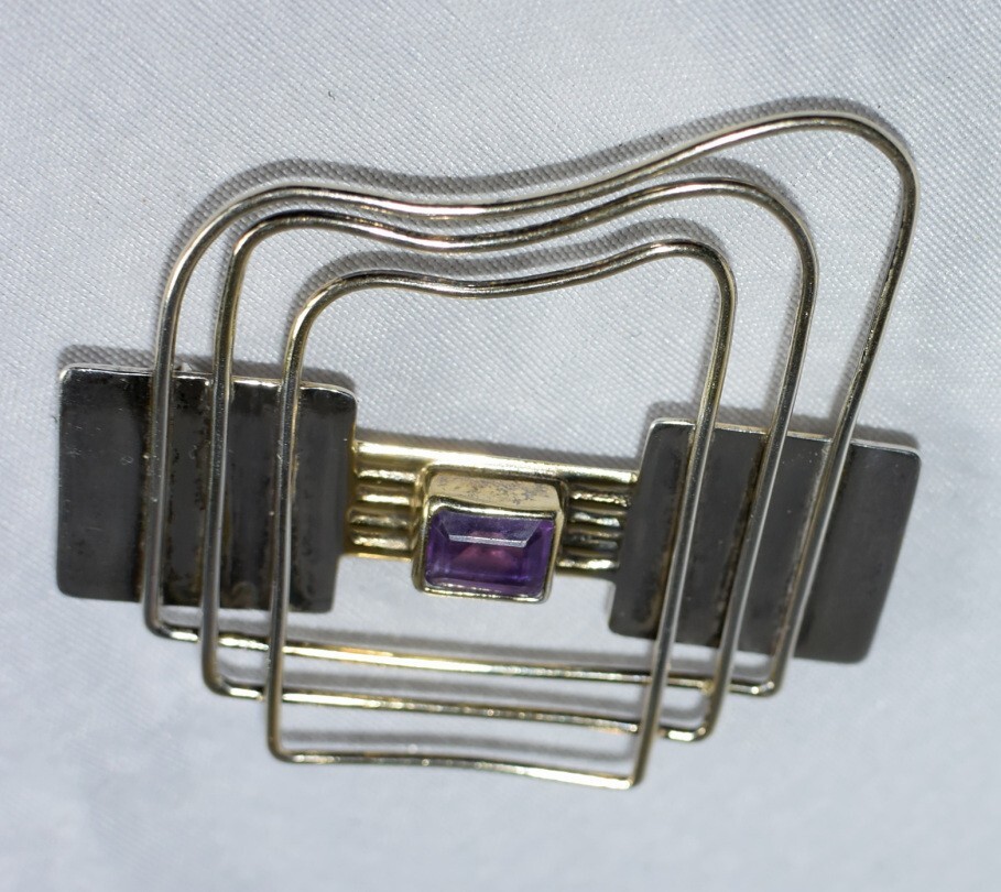 Vtg Signed YES Studio Poland Sterling Silver Amethyst Large Modern Pin & Pendant