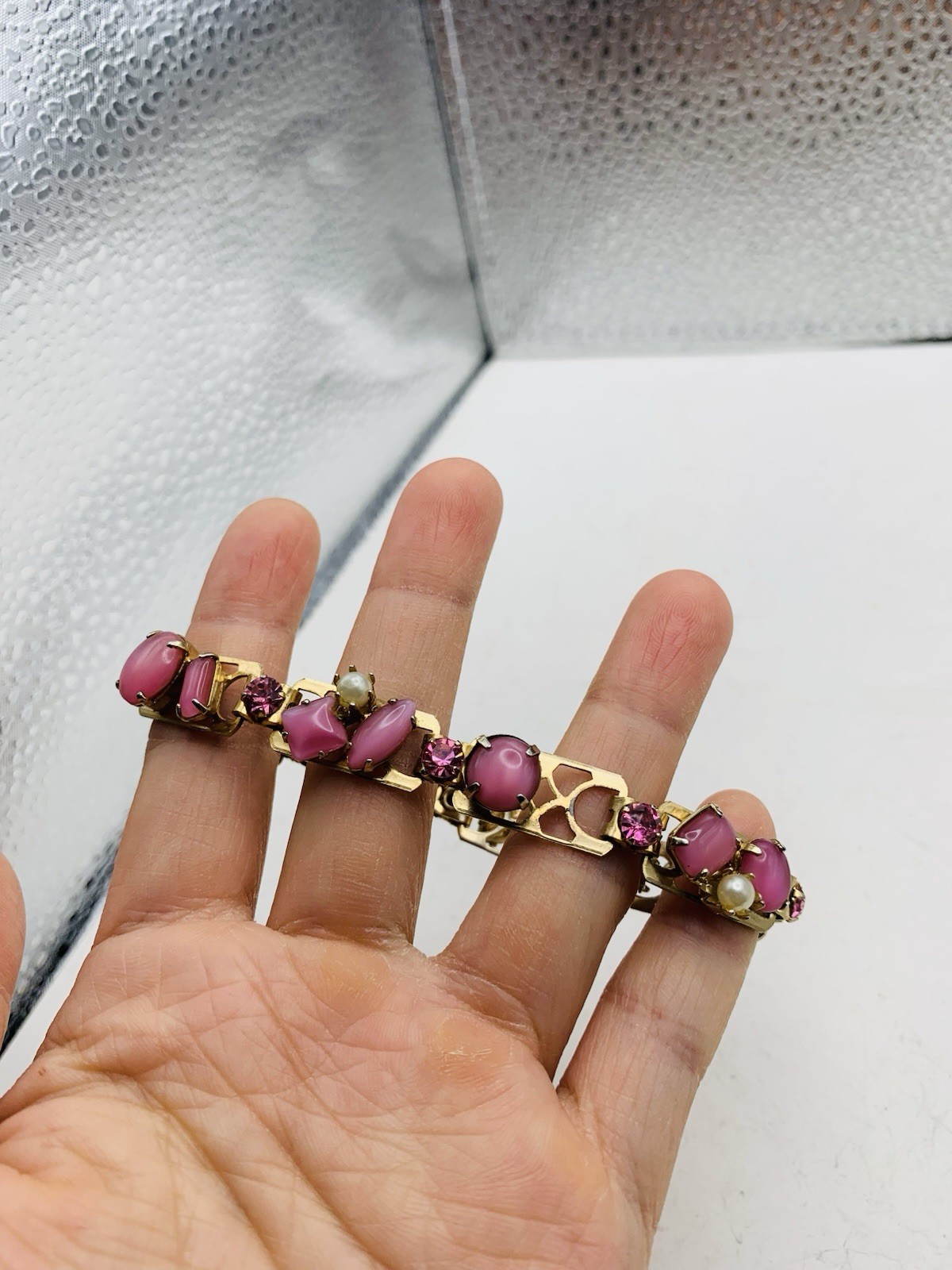 Vintage Pink Feminine Rhinestone Crystal Fancy Faux Pearl Gold Tone 7” Bracelet