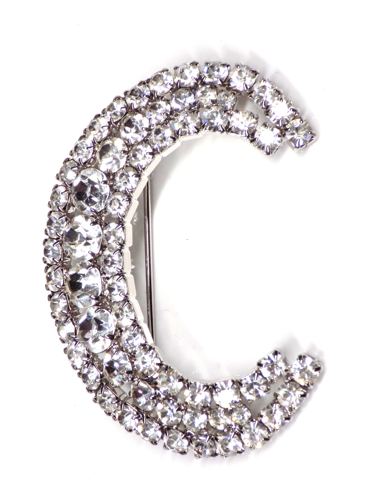 Vintage Big Rhinestone Brooch White Colorless Stones Silver-tone Crescent Moon