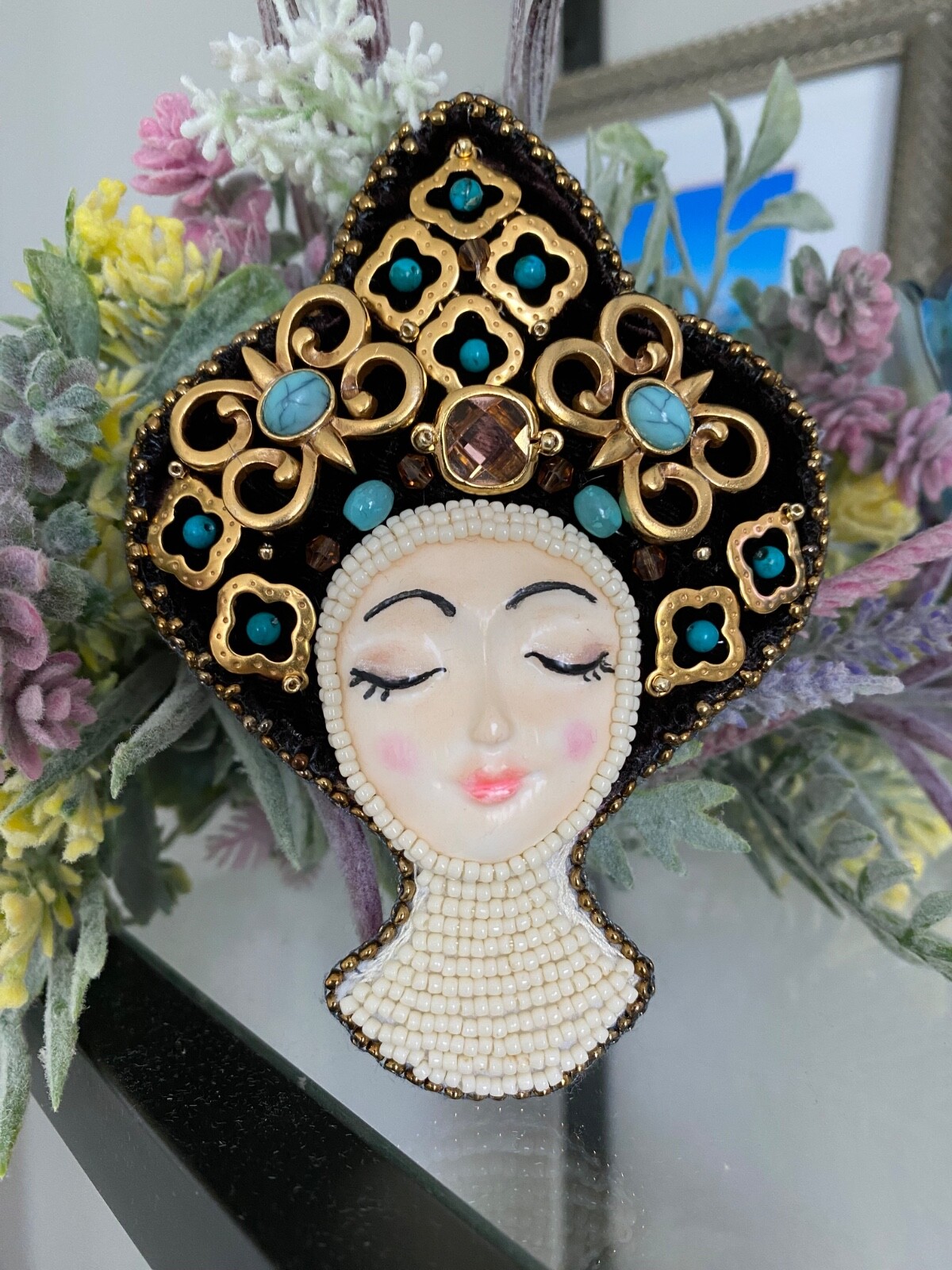 Brooch Art Doll Princess Beaded Turquoise