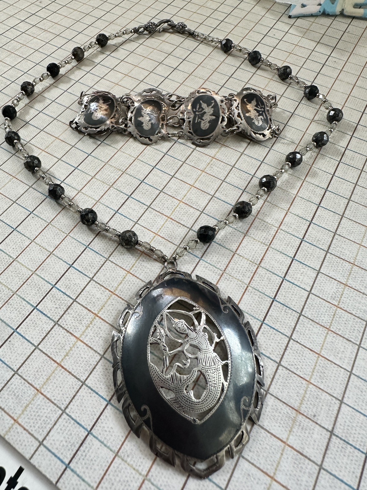 Vintage 925 Siam Sterling Silver Niello – Necklace Bracelet Set – Thai Dancer