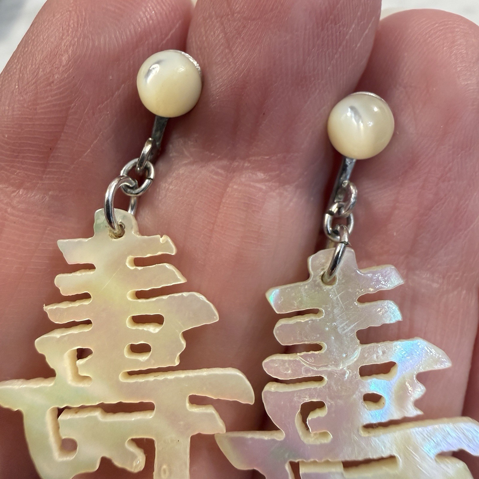 Art Deco Sterling Silver Mother of Pearl Chinese Screw Back Earrings Dangle