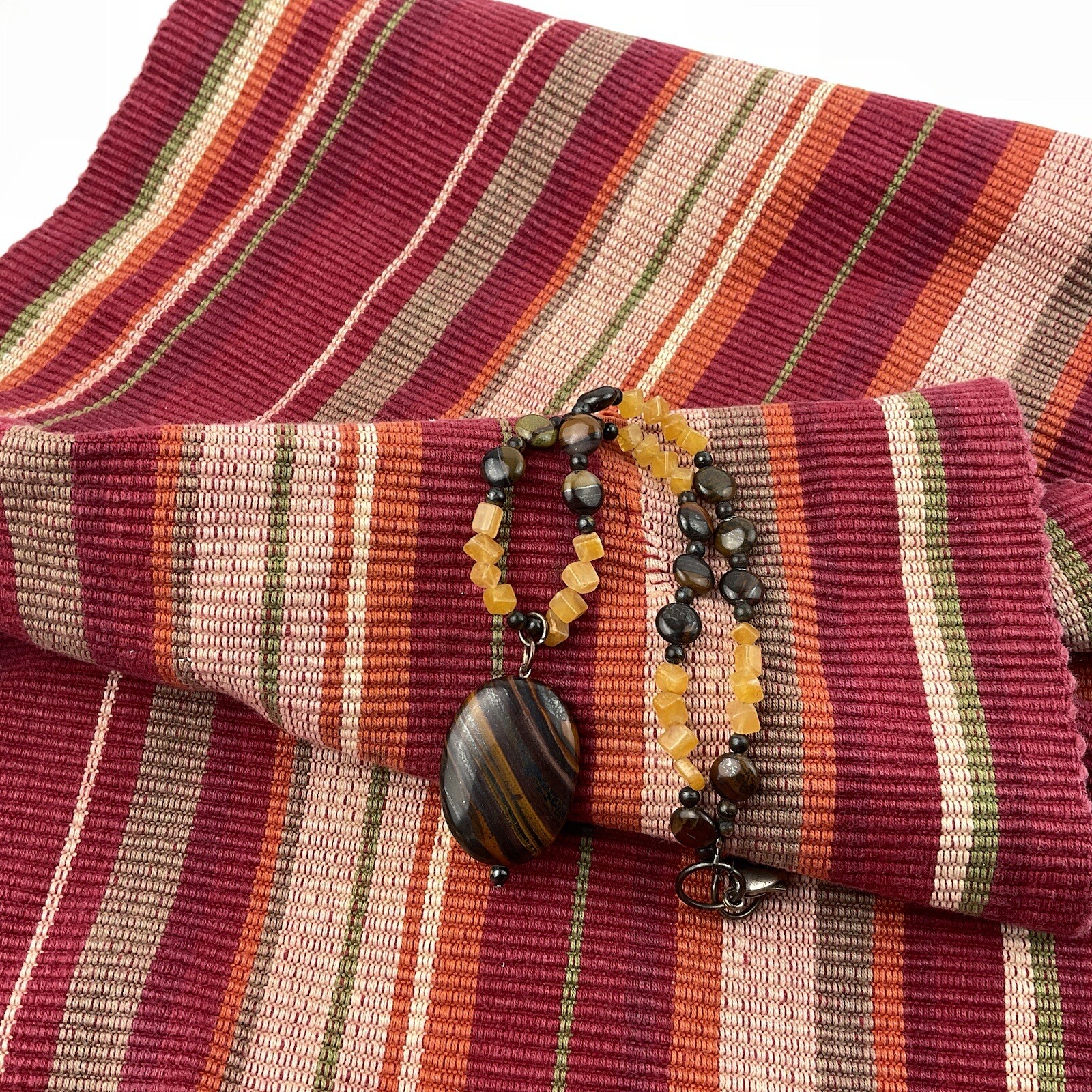Vtg Genuine Brown Gold Tiger Iron Pendant Yellow Citrine Beaded Necklace Sz 17″