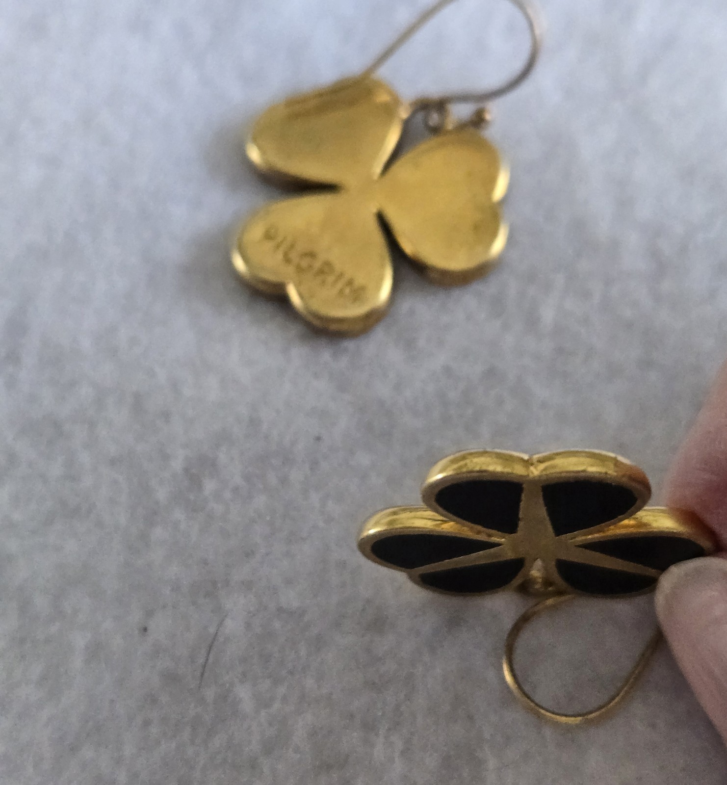 Signed Pilgrim Gold Plate and Black Enamel Clover Shape Dangle Earrings
