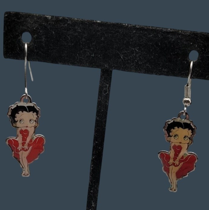 Vintage Betty Boop Red Dress Dangling Hook Earrings KFS/FS Hearst Silver Tone 1″