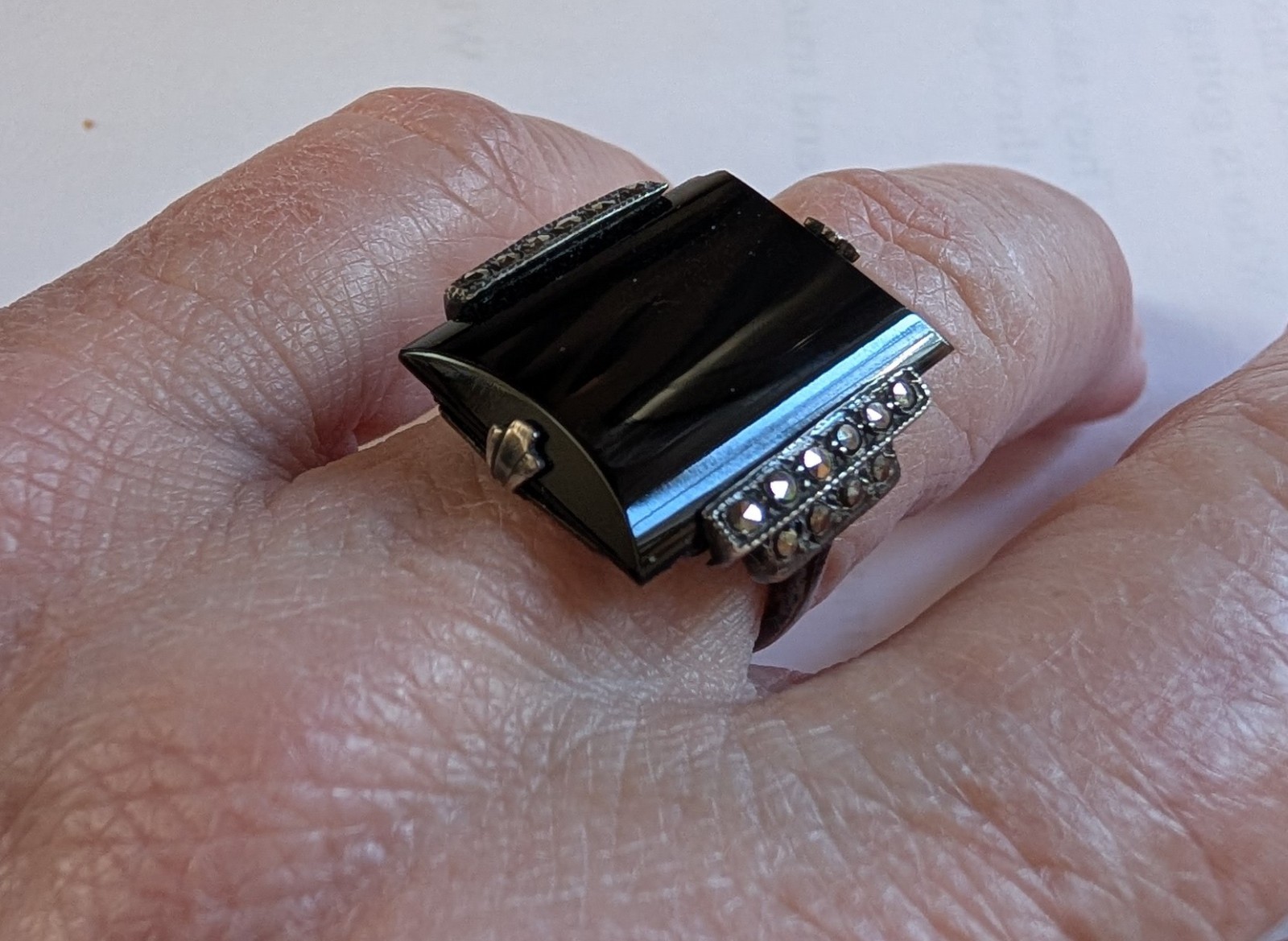 Antique Art Deco Sterling Silver Onyx Marcasite Ring About 6