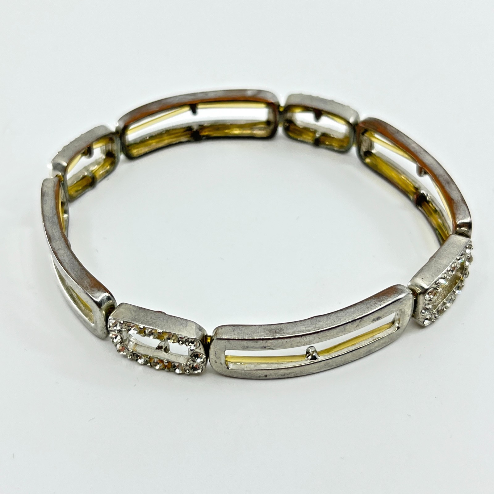 Vintage Art Deco Style Silver Tone Rhinestone Geometric Link Stretch Bracelet
