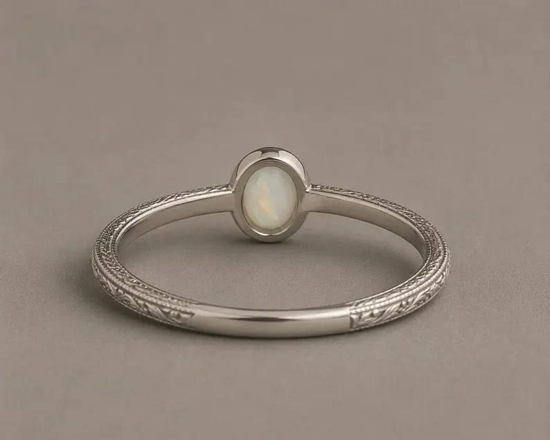 Natural Ethiopian Opal Ring 925 Sterling Silver Minimal Engraved Ring