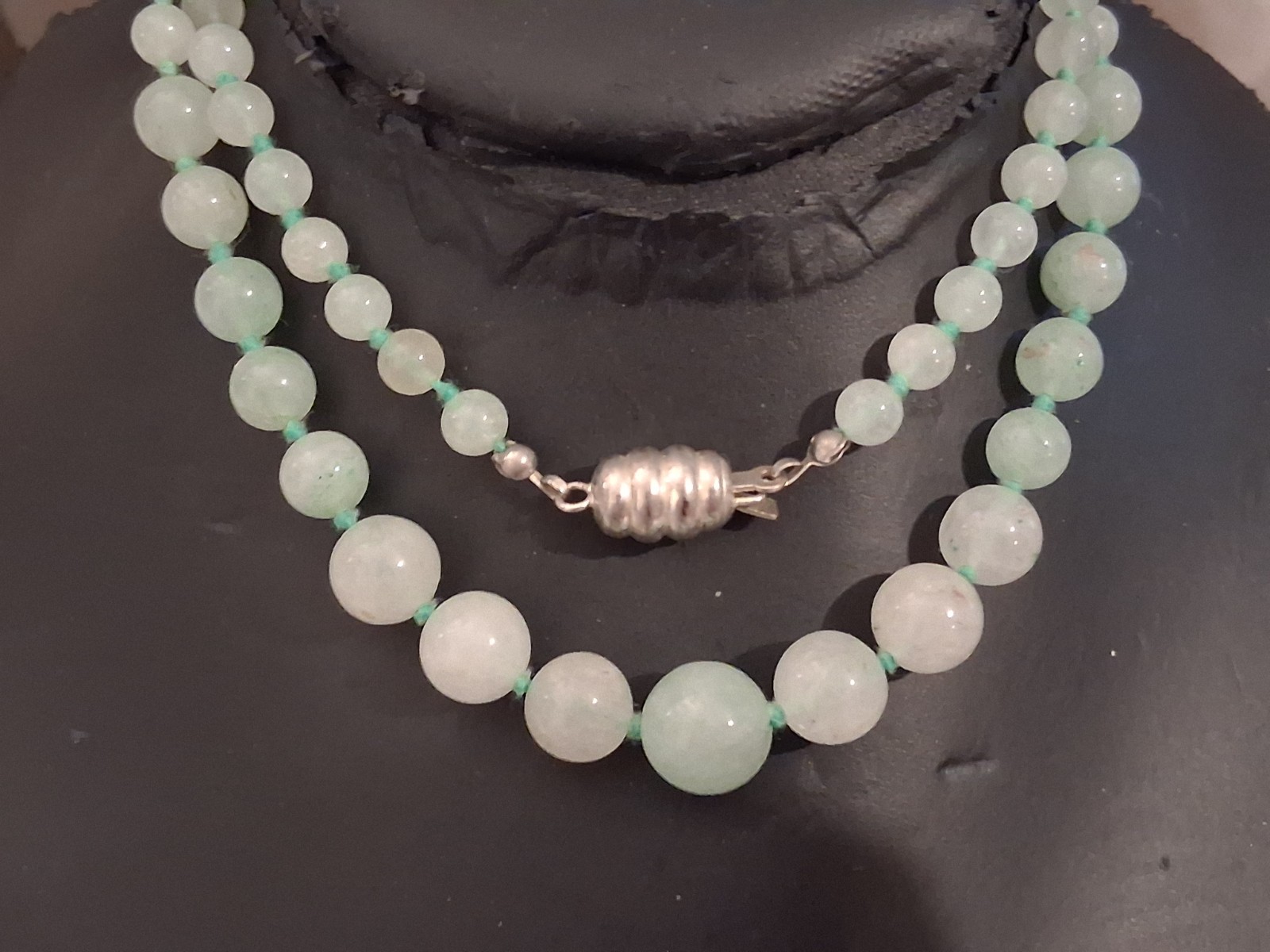 Jade/aventurine icy green gemstone graduated necklace, individually knotted
