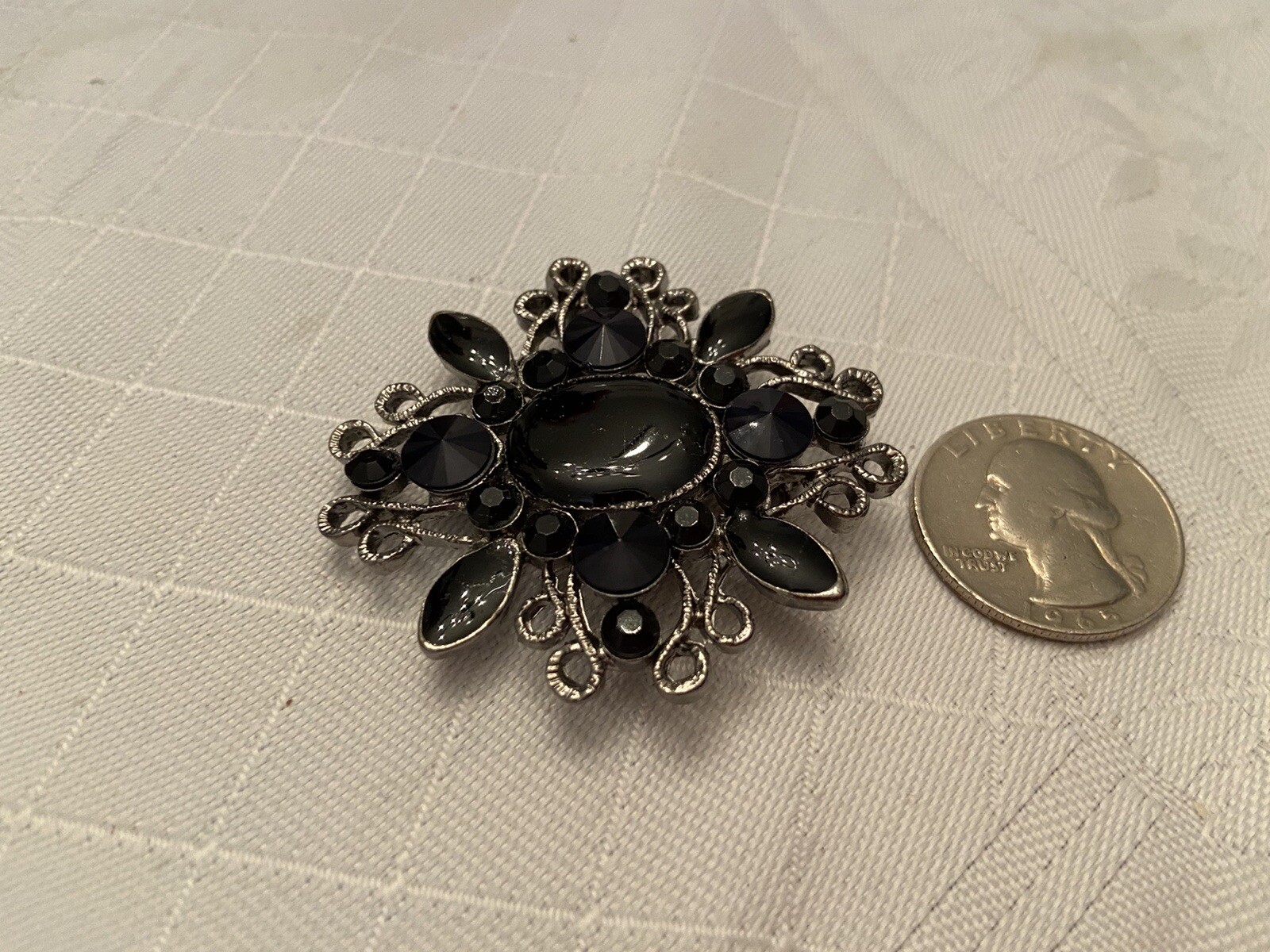 Vintage BEADED SILVERTONE BROOCH Faceted Jets and Black Stones