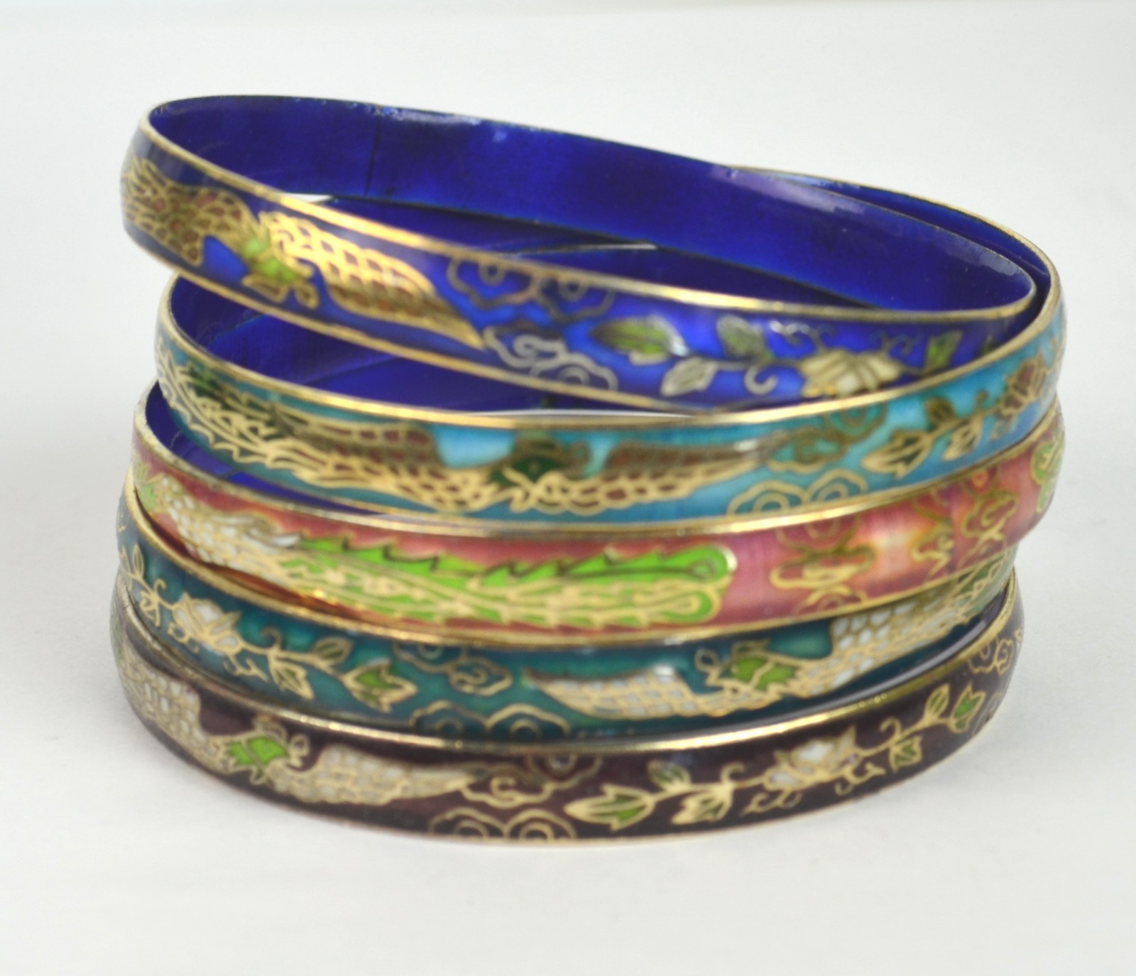 Vintage Cloisonné Enamel Bangle Bracelets Set of 5 Multicolor.