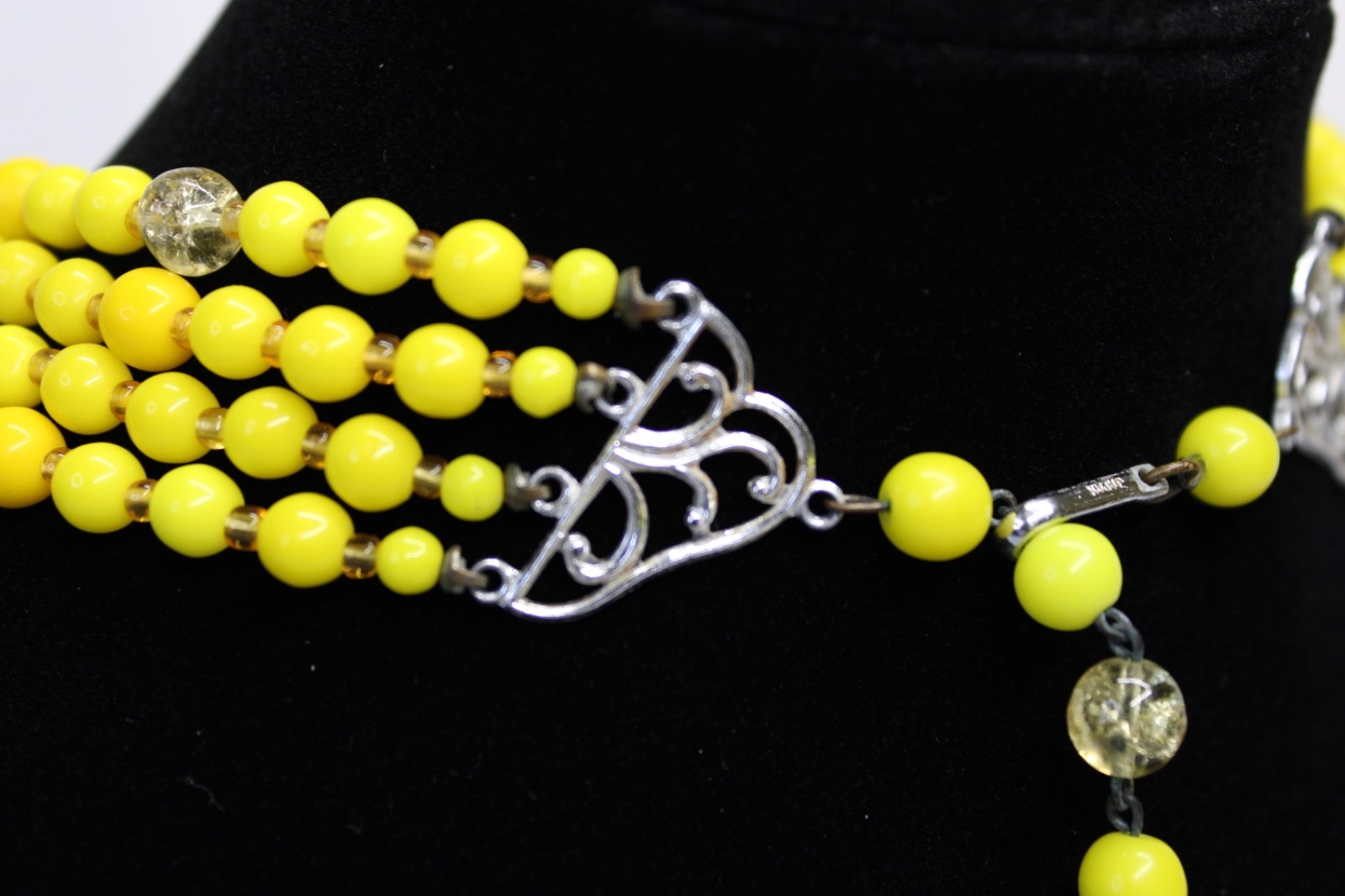 Vintage Yellow Multi Strand Beaded Necklace Earrings Set Art Deco Czech Style
