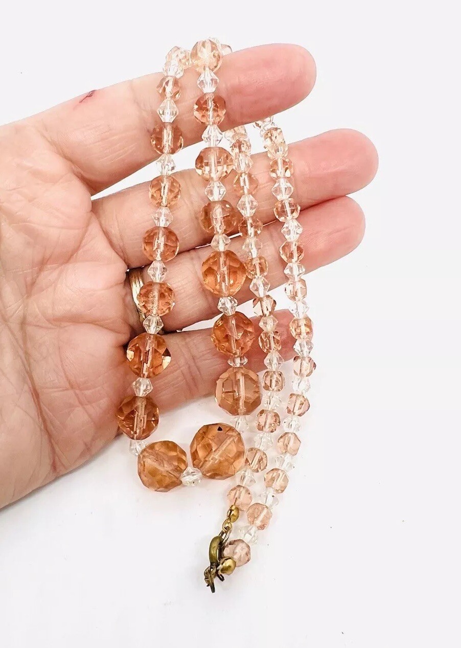 Art Deco Faceted Pink & Clear Glass Beaded Necklace 21 Inches Vintage Jewelry