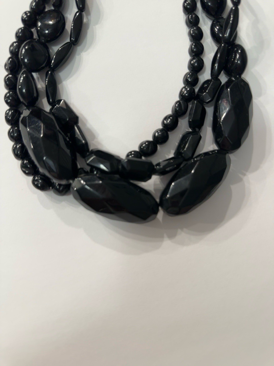 Vintage 1980s Black Multi Strand Statement Necklace Geometric Acrylic Bib Silver