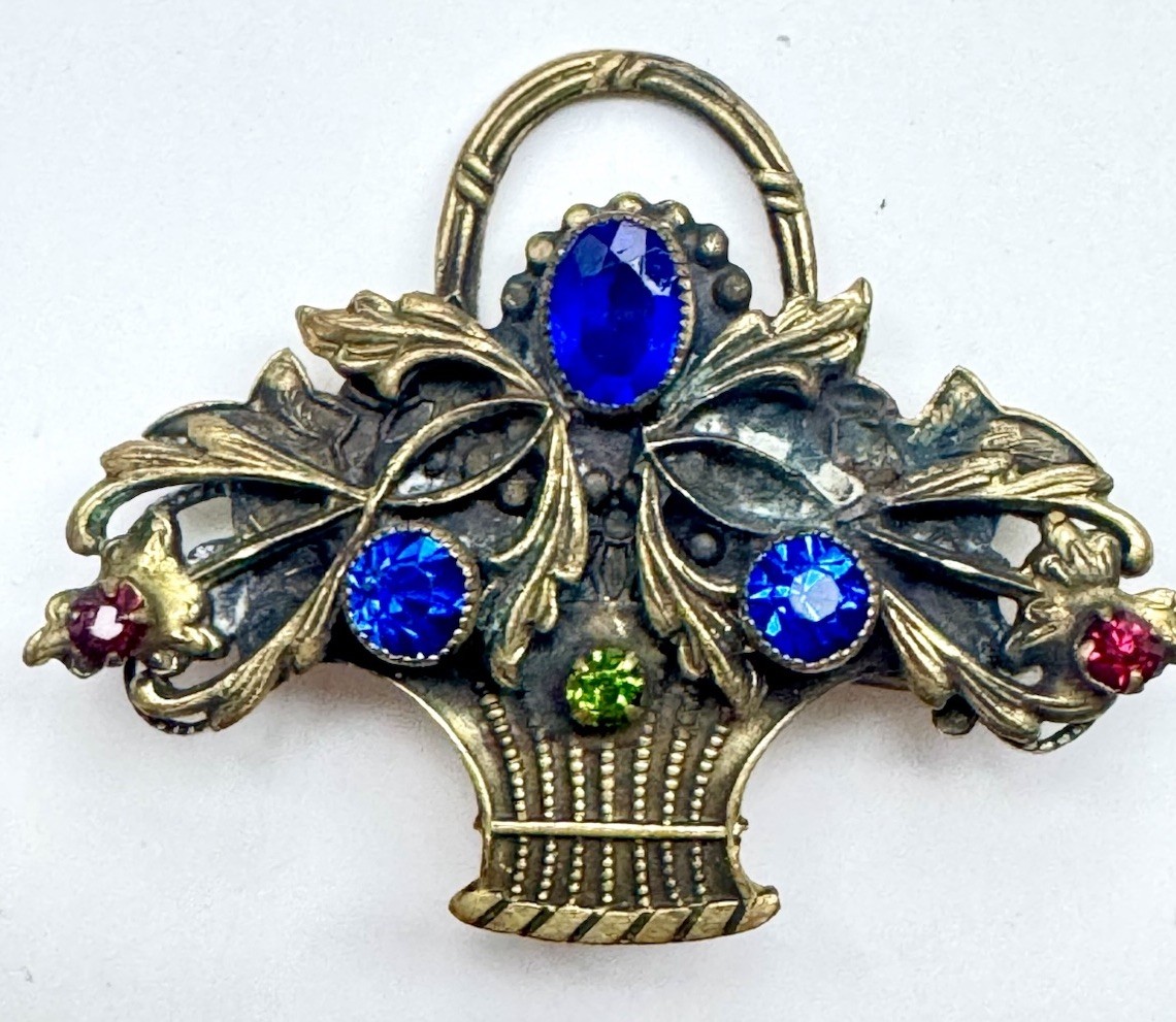 Vintage Unsigned Gold Tone Flower Basket Brooch Blue Green Red Rhinestone Pin
