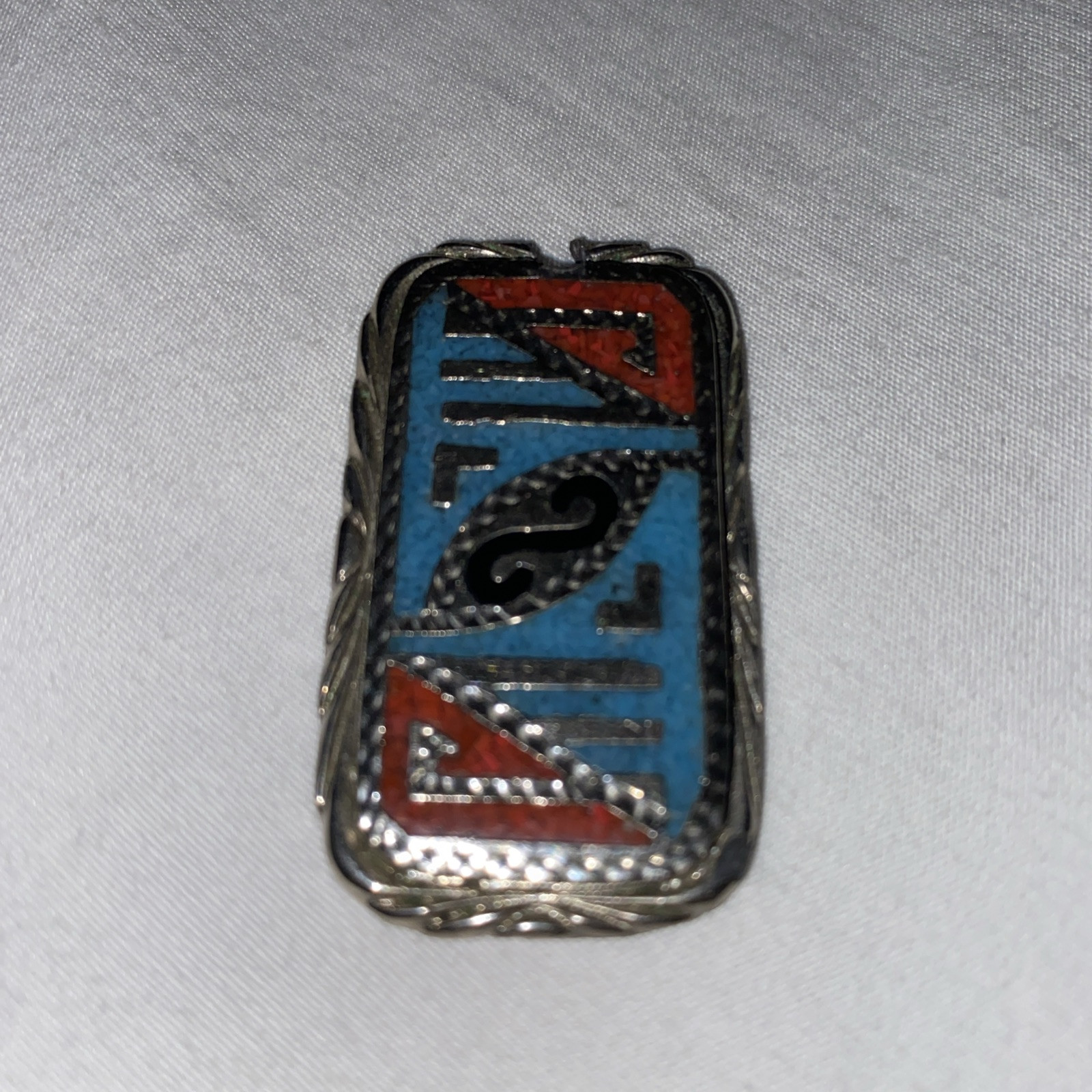 Vintage Native American Dog Tag With Turquoise And Coral Inlay