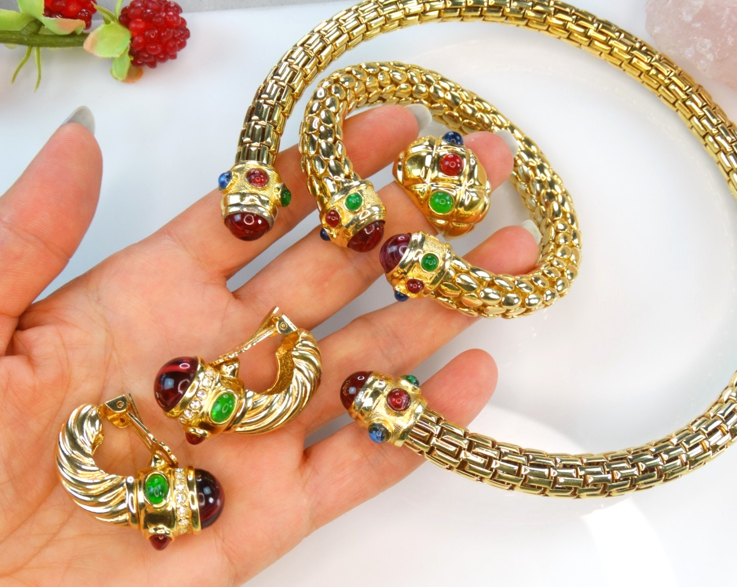 HIGH END VINTAGE JEWELRY LOT 80S IVANA GOLD GRIPOIX MOGUL CABS CHOKER EARRINGS +