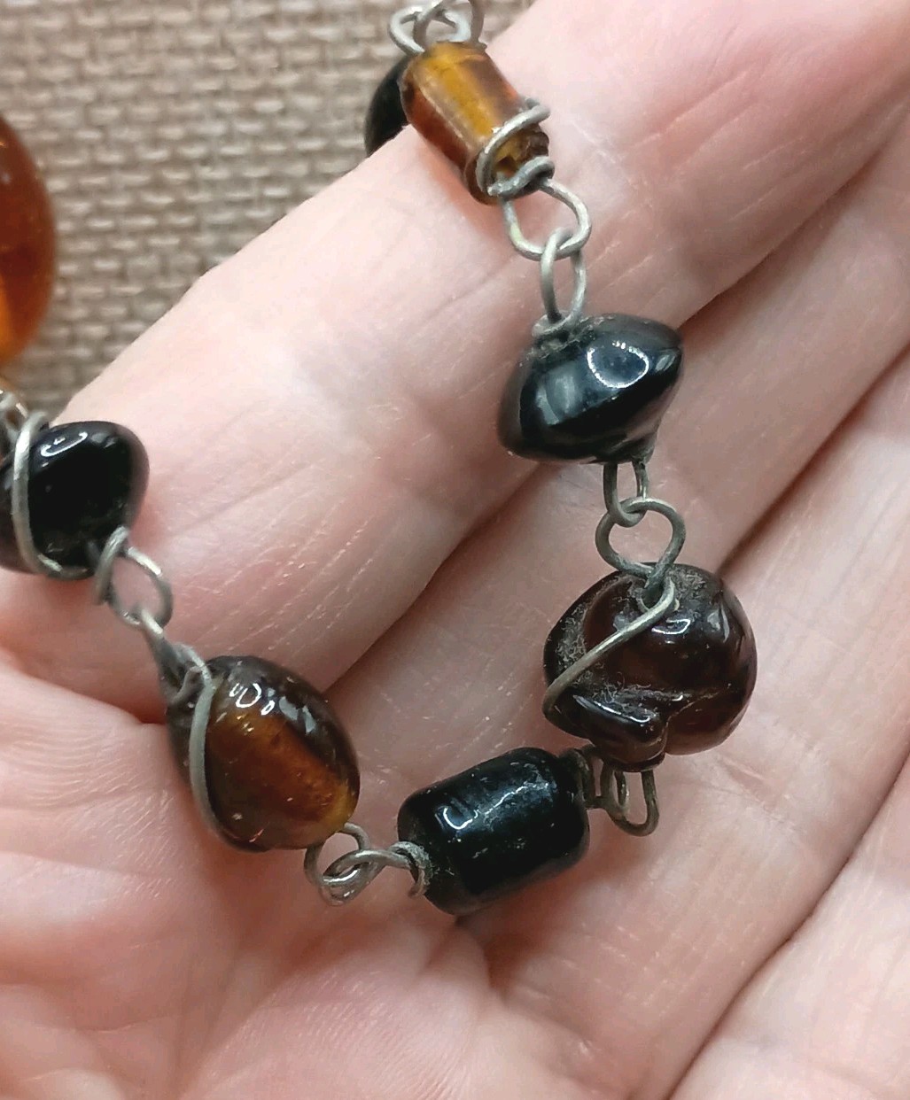 Antique Czech Glass Beaded Necklace Golden Brown Wire Wrapped Hand Made 30″