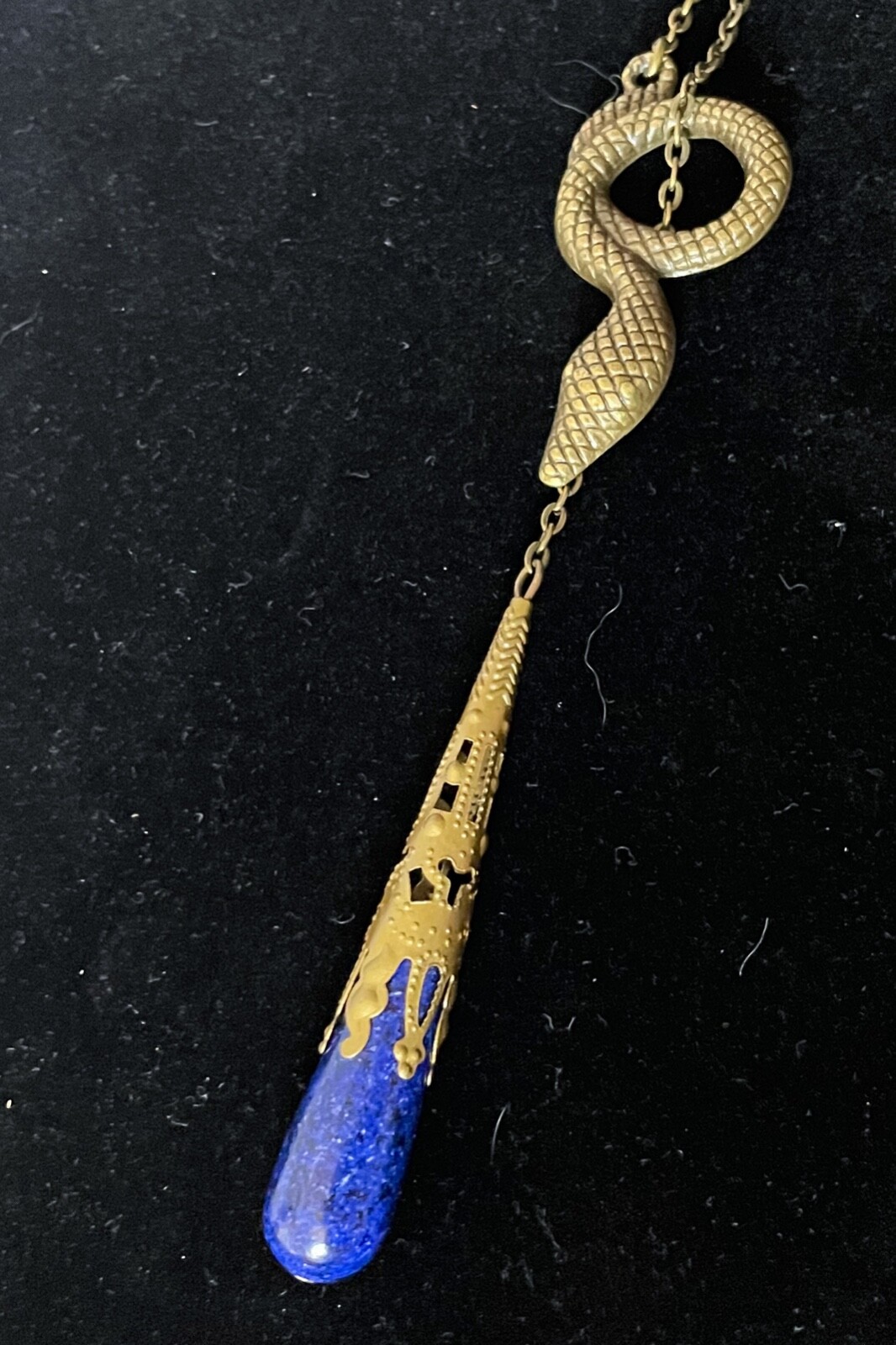 Lariat Necklace Egyptian Revival Coiled Snake Pendant Blue Lapis Lazuli Drop