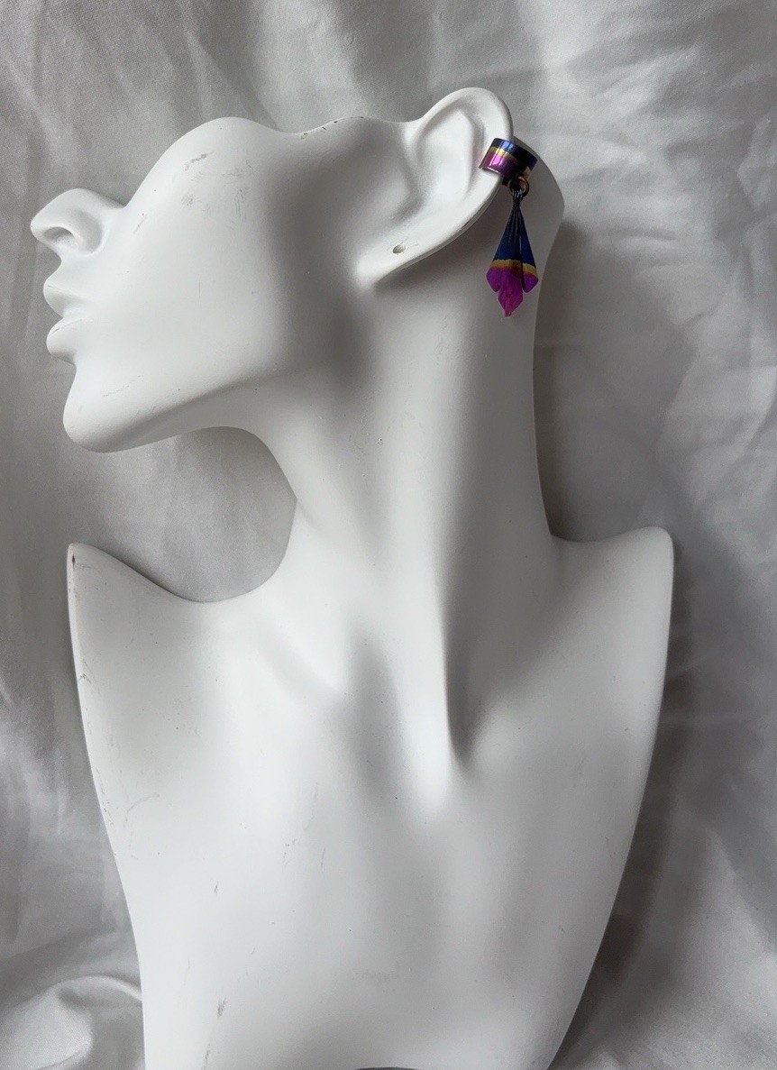 Vintage Anodized Titanium Ear Cuff, Dangle, Drop Purple Blue Yellow