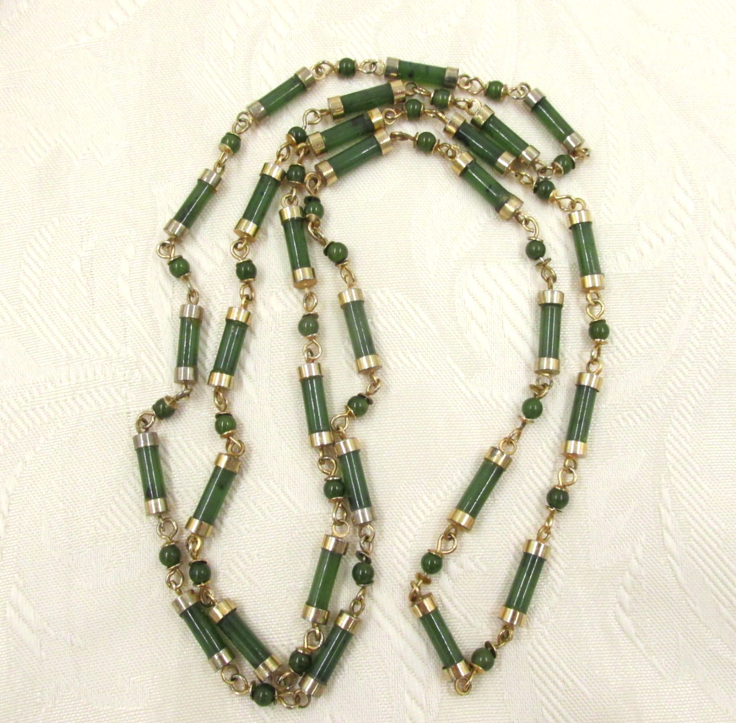 Jade Chinese Export Bamboo Cylinder Station Necklace Gold Plated 36″ Vintage