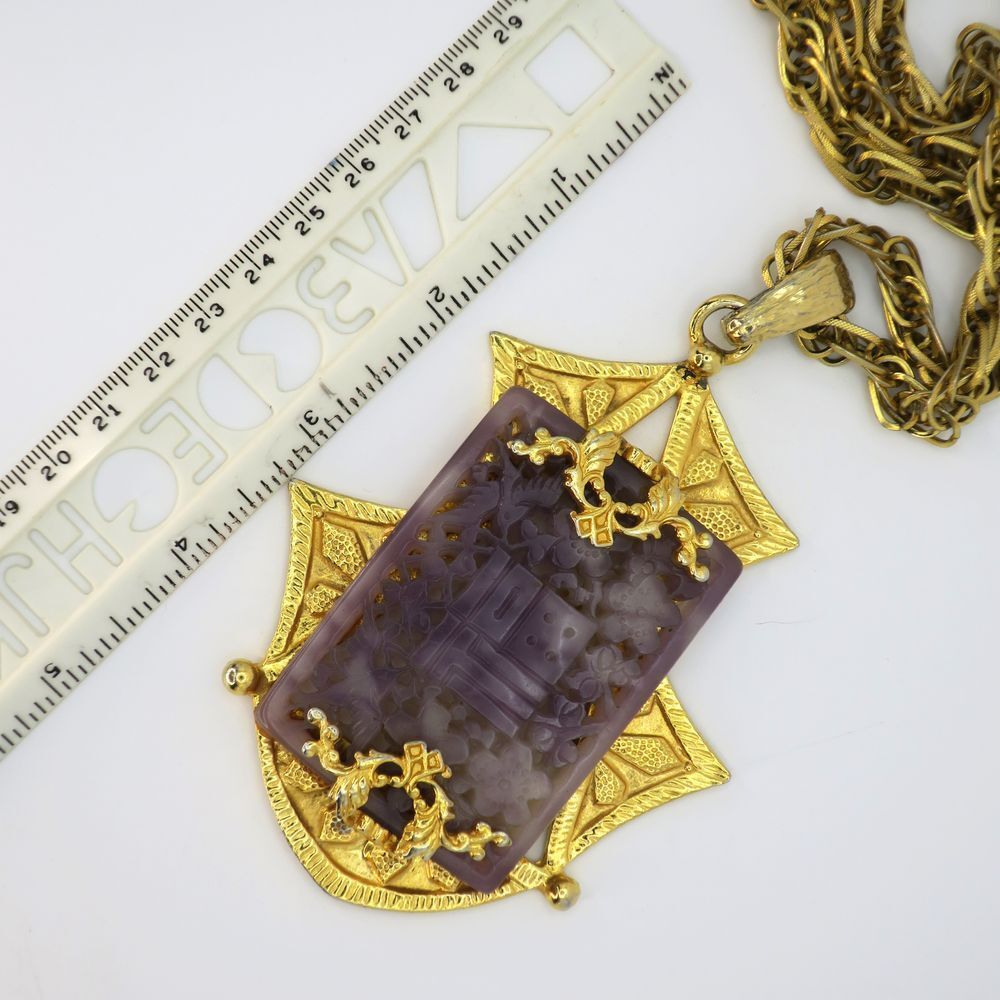 Vintage Adele Simpson faux Purple Jade Gold-Tone Ornate Large Pendant Necklace
