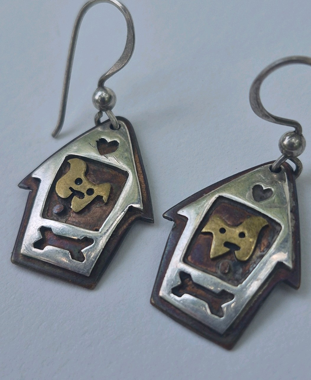 Vintage Estate Sterling Silver / Copper Dog Doghouse Dangle Earrings 925 Signed