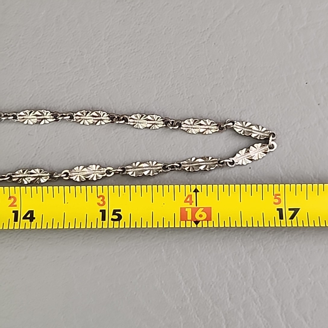 Vintage Chain Necklace Silver Tone Starburst Etched Bar Link 34″