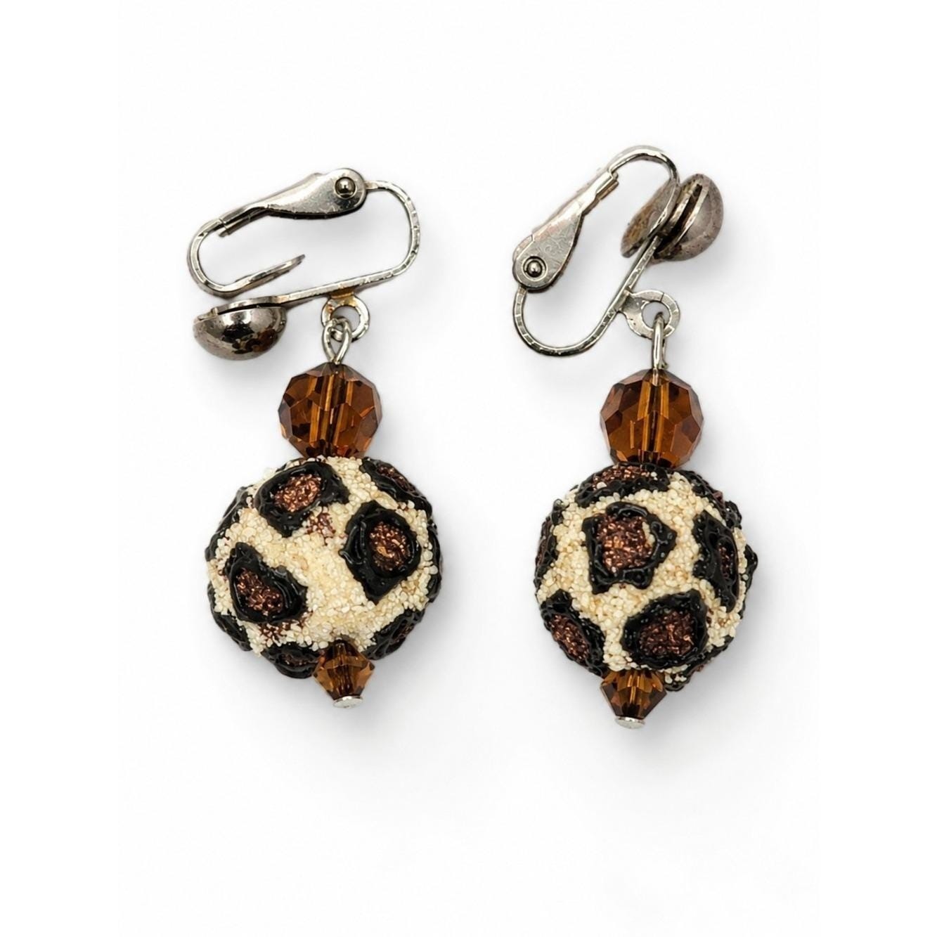 Vintage Leopard Print Clip On Earrings Brown Crystal Dangle Animal Print