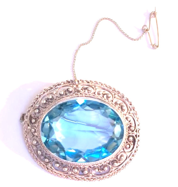 Vtg 1910-20;s Art Deco Sterling .925 Open Back Blue Zircon Brooch Pin Pendant