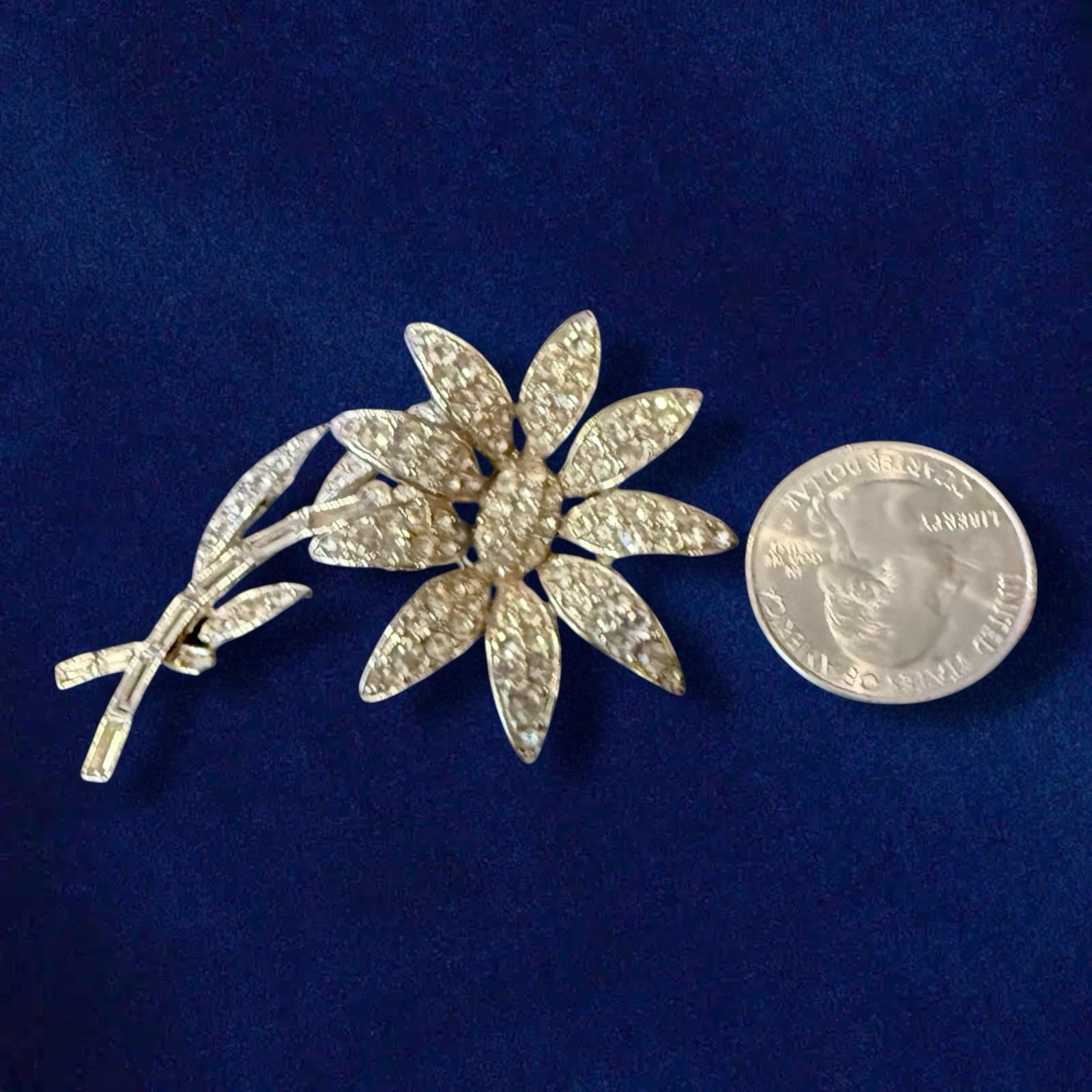 Rhinestone Flower Brooch Signed ORA Rhodium 1940s Large Vintage Pin 3 Inch