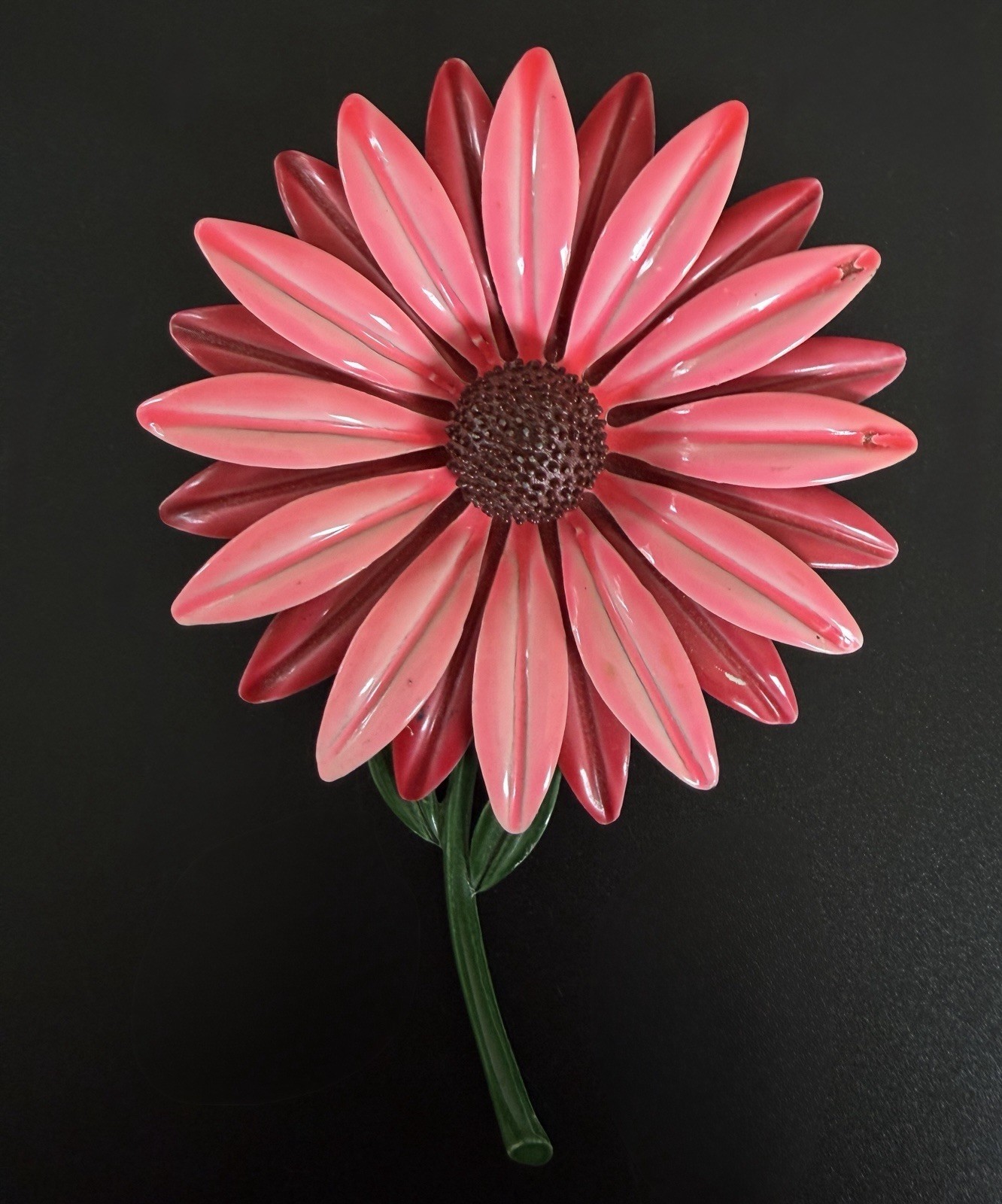 1960s Pink Enamel Celluloid Daisy Flower Brooch Pin Large Mod Statement 4 3/4”!