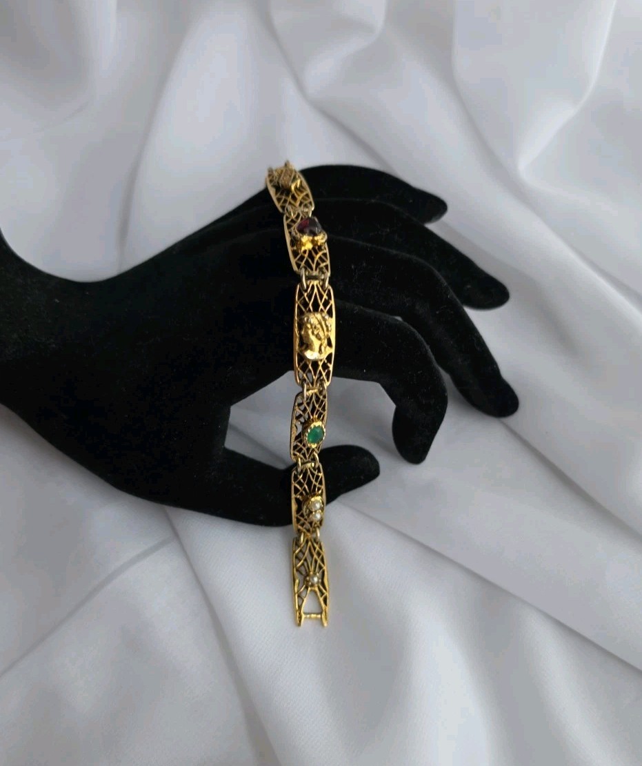 1960s Goldette NY Multi-Stone Gold Tone Bracelet 7.25″ Lattice Links