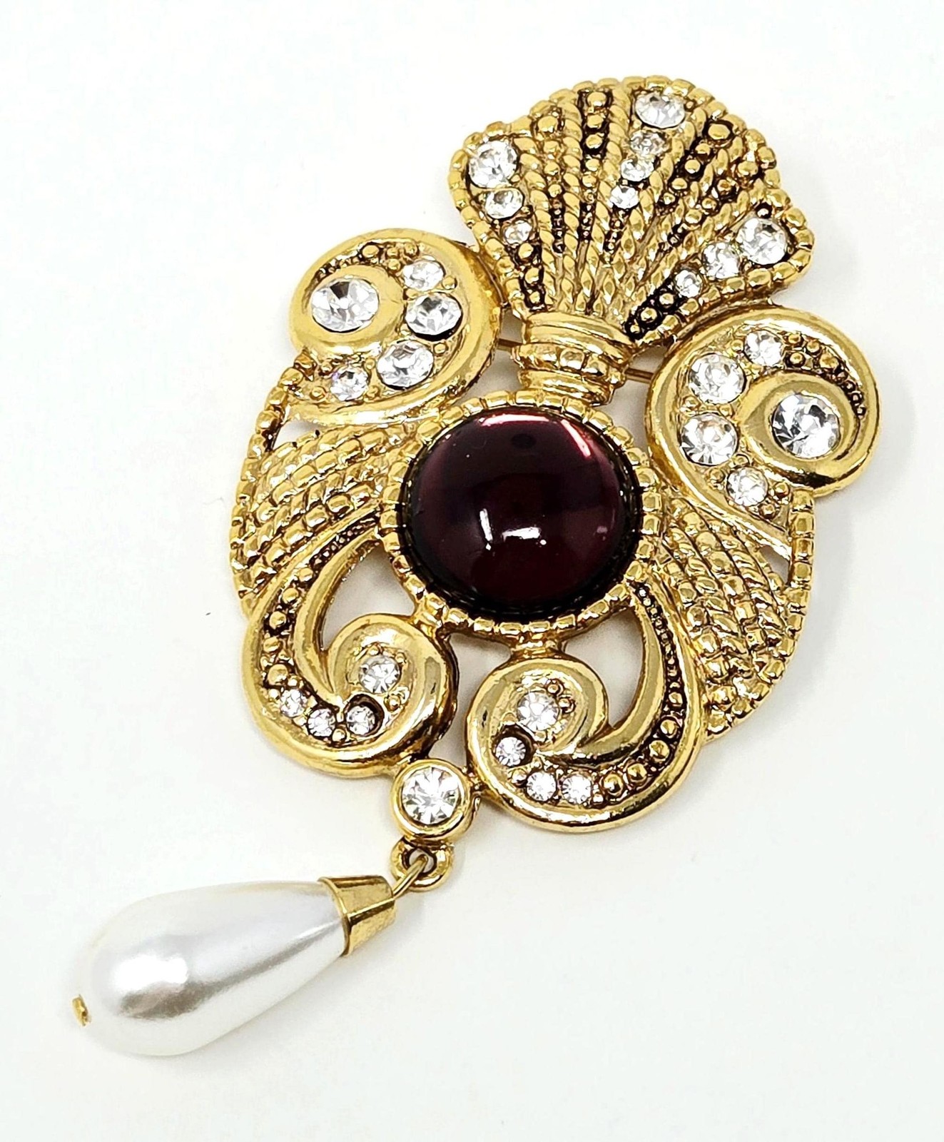Vintage Signed Jeff Lieb Brooch Purple Cabochon Rhinestone Faux Pearl