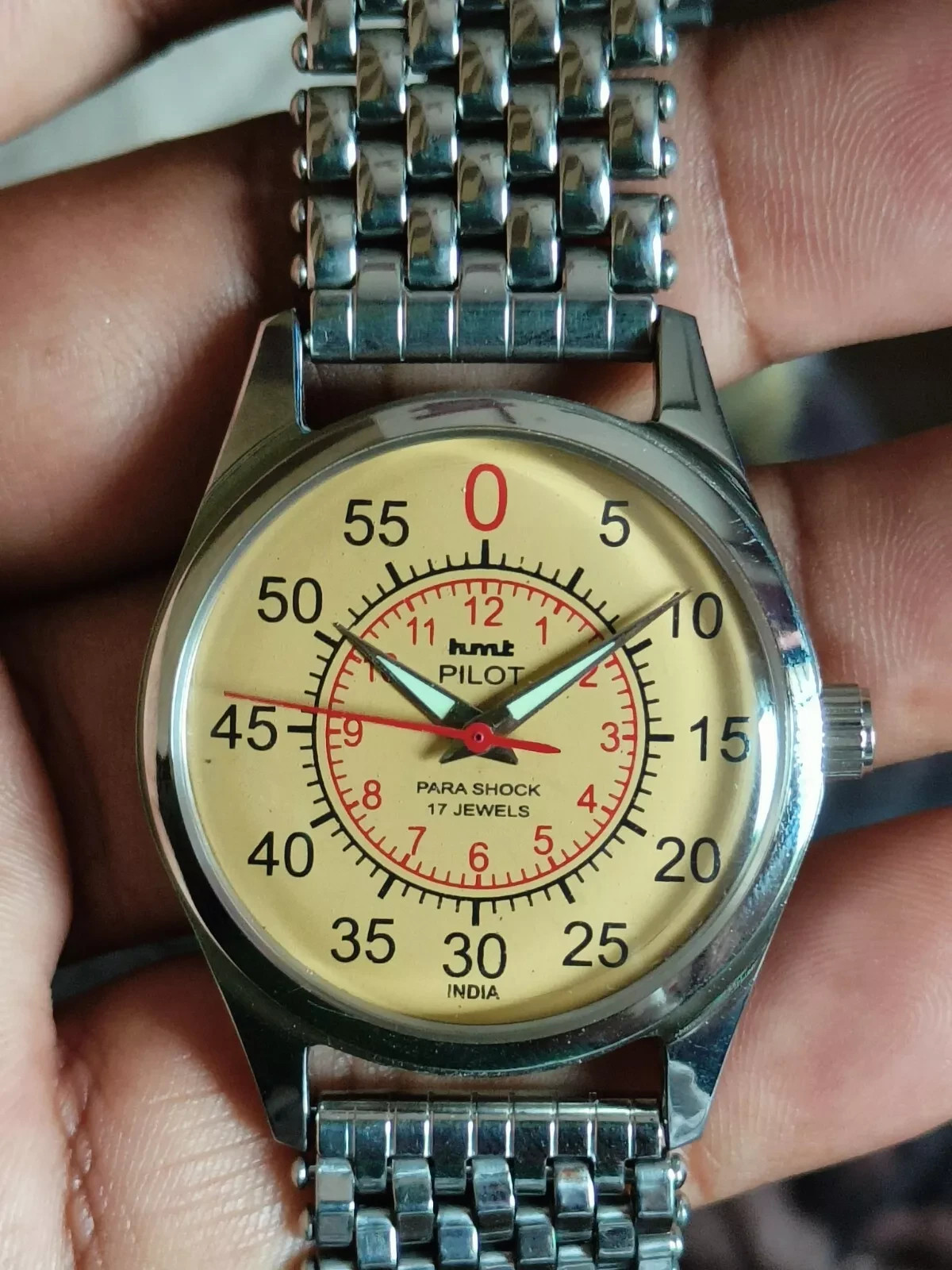 Vintage HMT Pilot Yellow Mechanical hand winding Watch Bracelet Strap 17 Jewels*