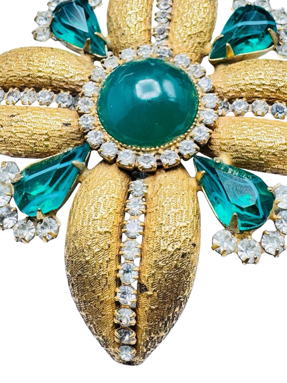 Vintage Kramer? Flawed Emerald Rhinestone Maltese Cross Brooch Pin