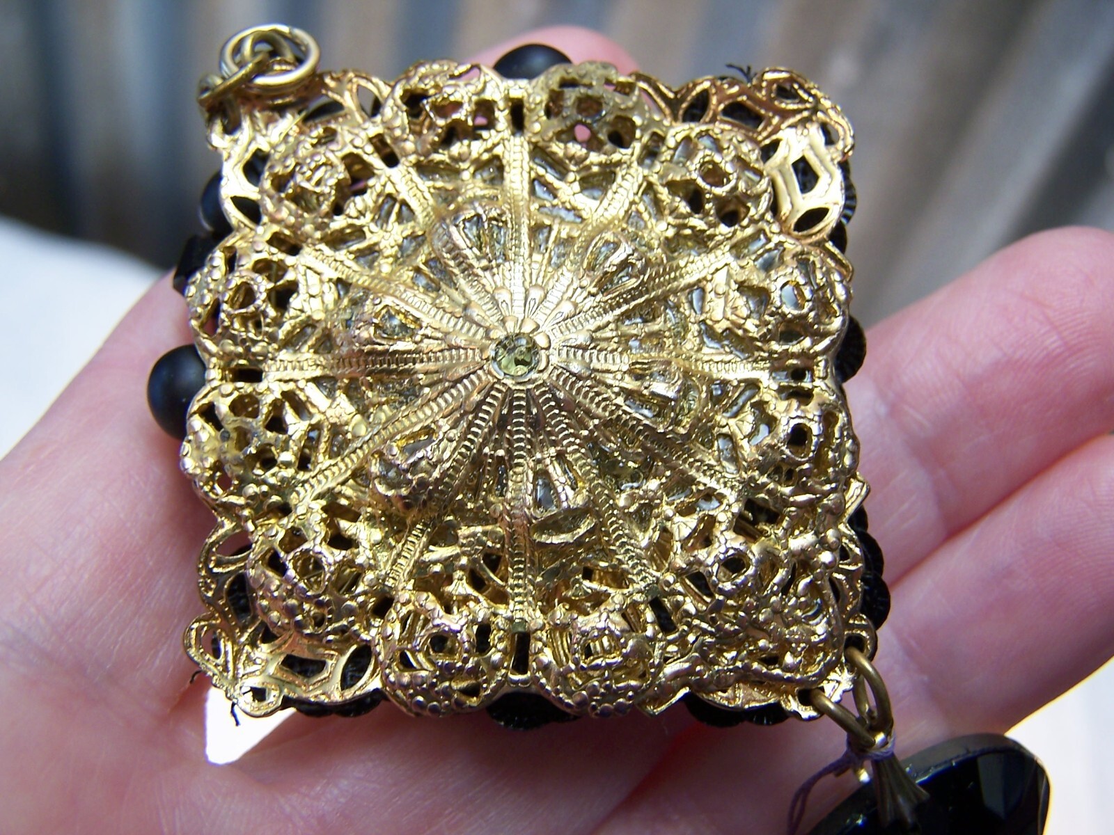 Unsigned Miriam Haskell Pendant/Vtg Black Molded Glass Floral Beads/NOS w Tag