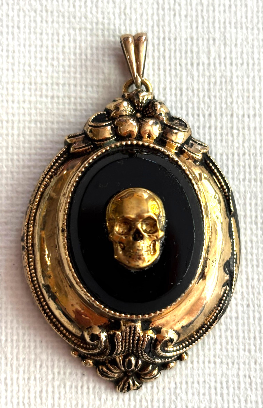 Antique Edwardian Memento Mori Brass Gold Plated Skull Black Stone Pendant