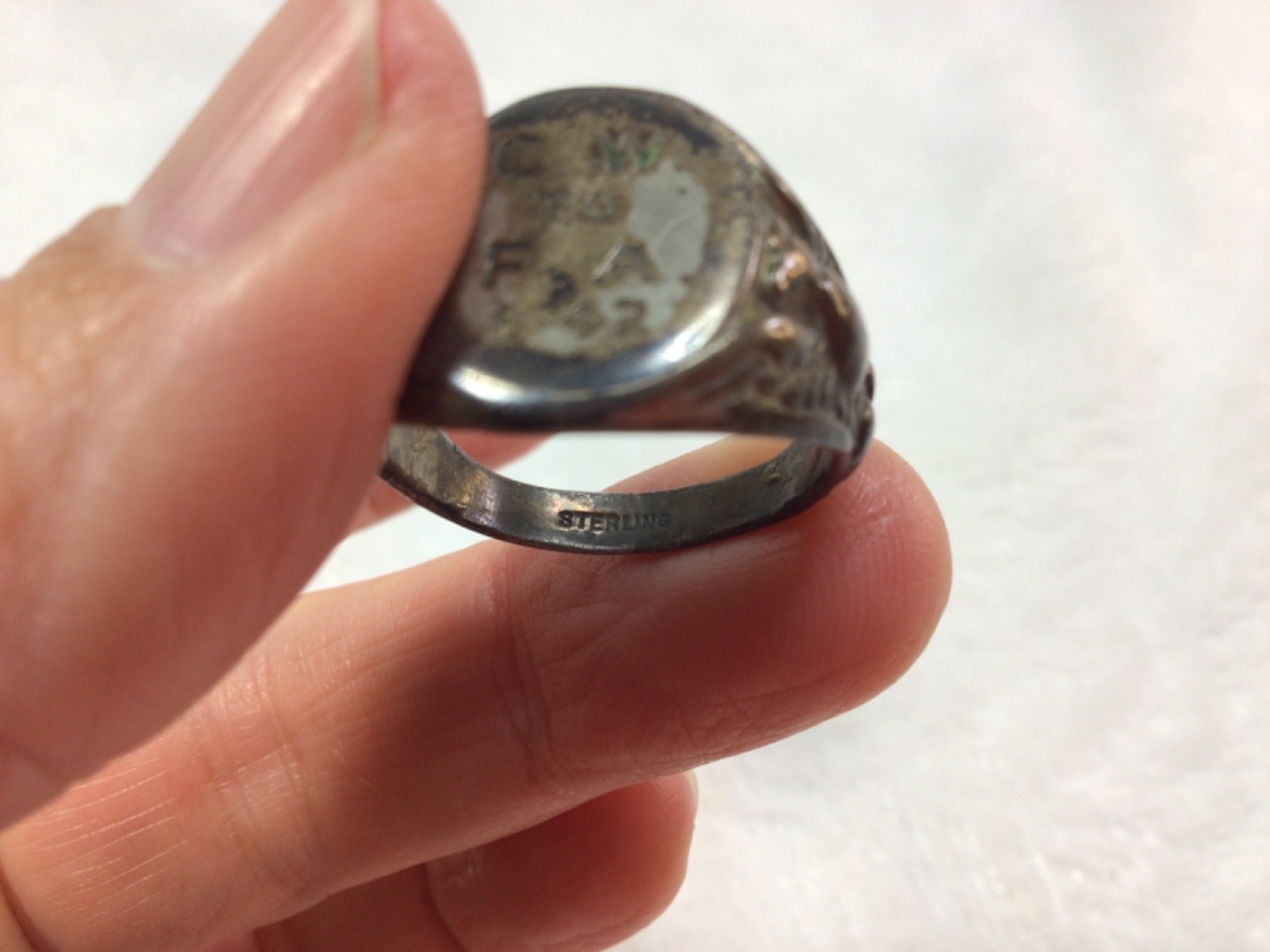 Vintage US Military Sterling Silver Ring Eagle Design Initials and dated 8 42