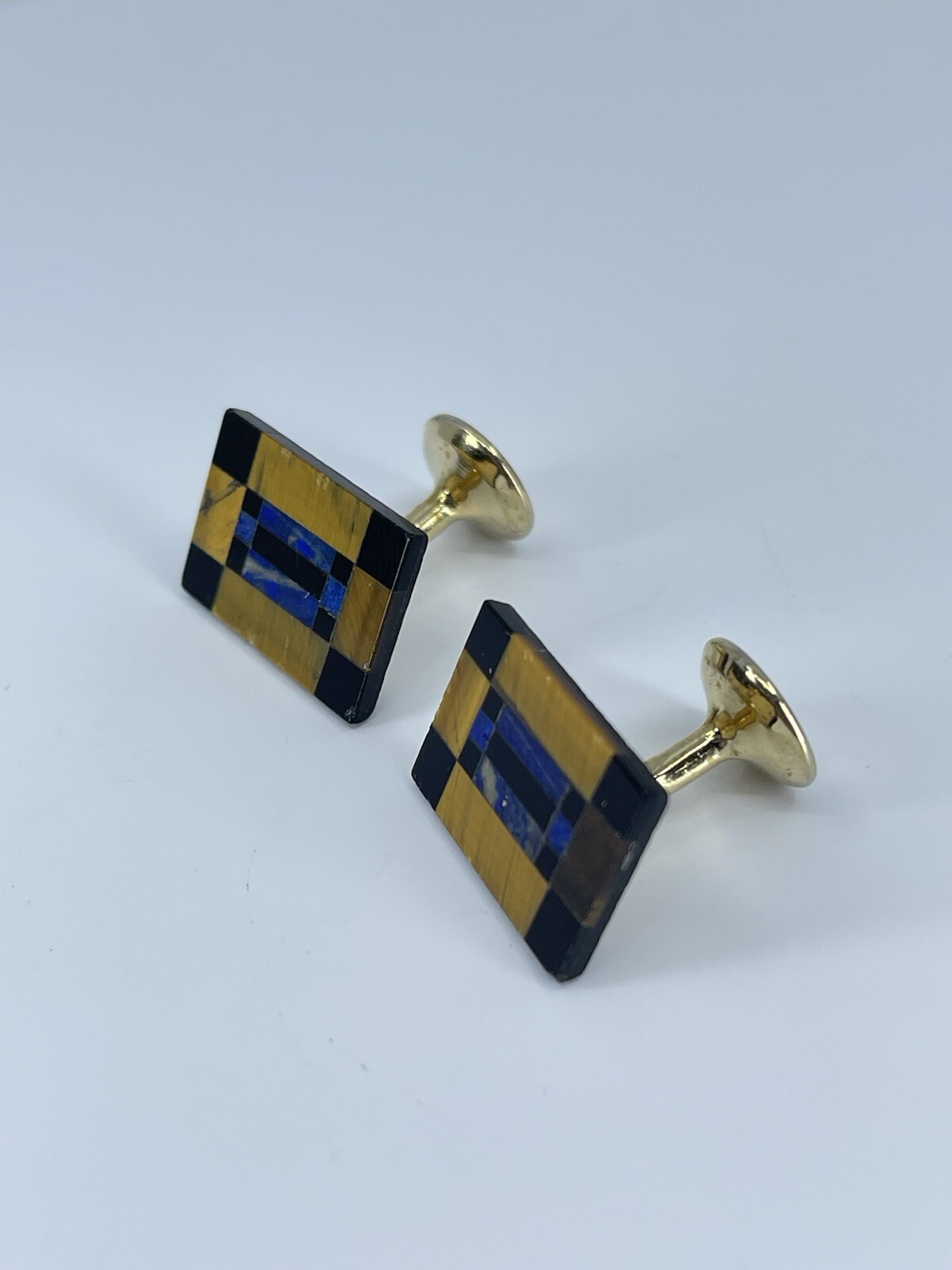 Vintage Onyx Lapis Tigers eye rectangle cufflinks polished gold tone fixed backs