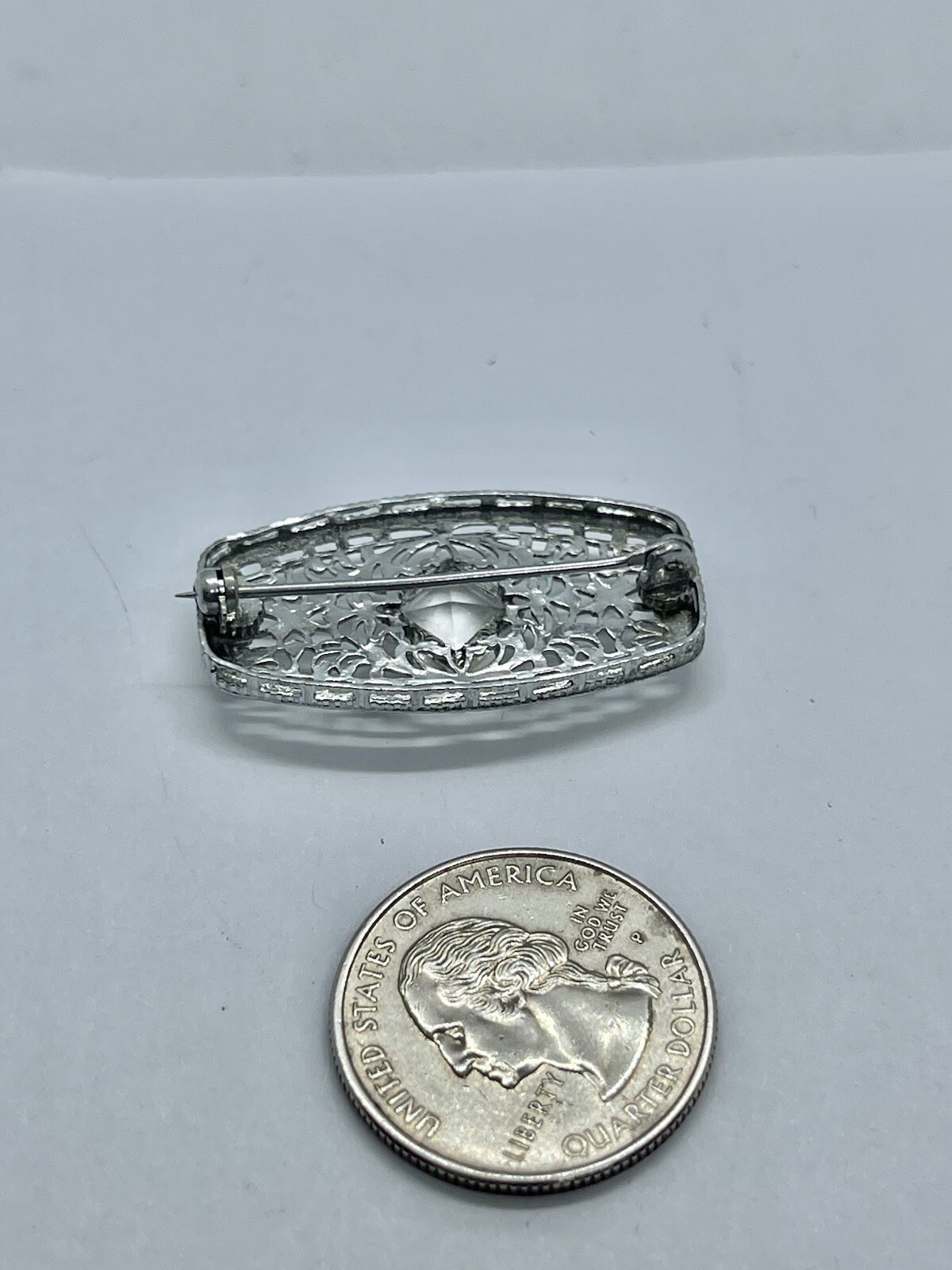 Art Deco Rectangle Clear Trillion Czech Art Glass Silvertone Filigree Brooch