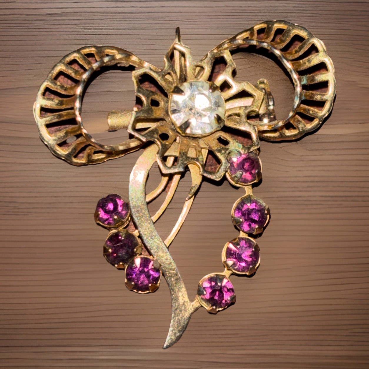 Vintage Ribbon Style Crystal & Purple Rhinestone Gold Brooch/Necklace Pendant