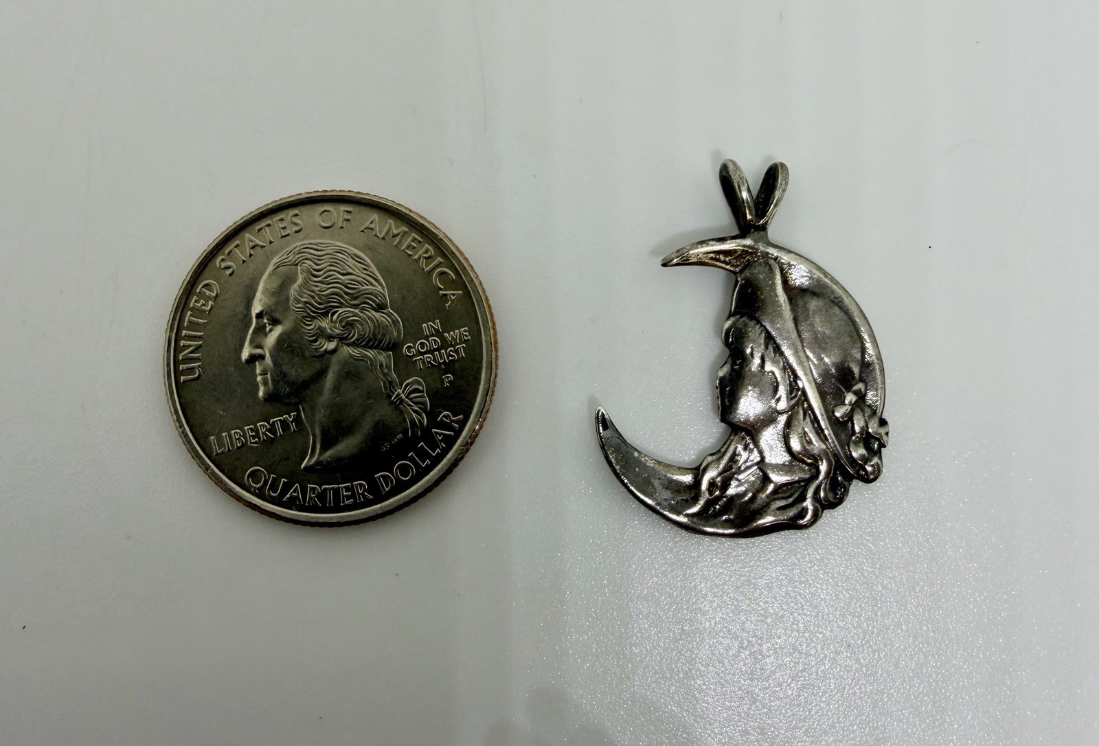 Vintage Sterling Silver Pendant with Girl’s Face Hat Crescent Moon Silhouette