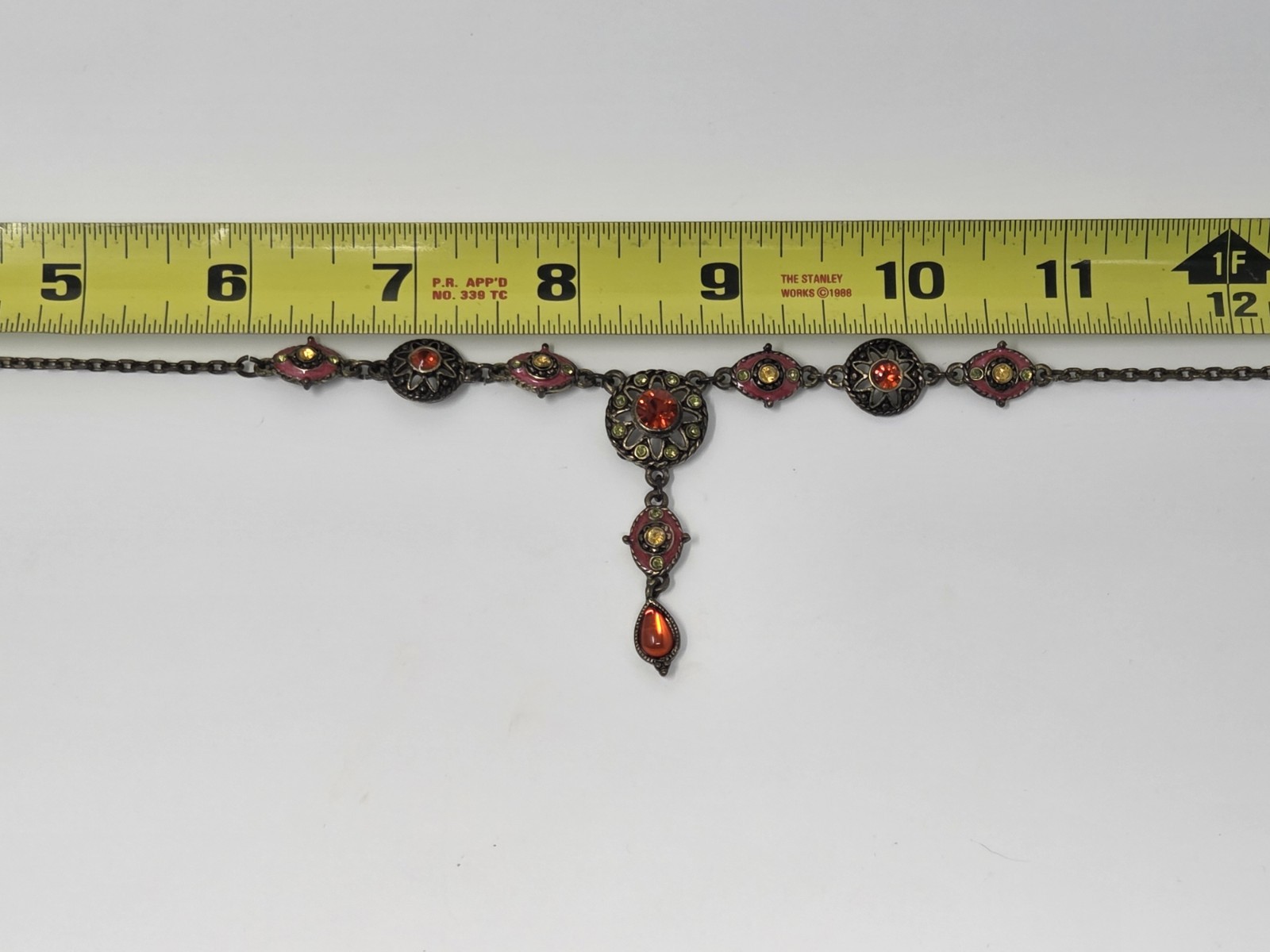 Orange Pink Yellow Y-Drop Necklace & Earring Set Rhinestones Enamel Bronze Tone