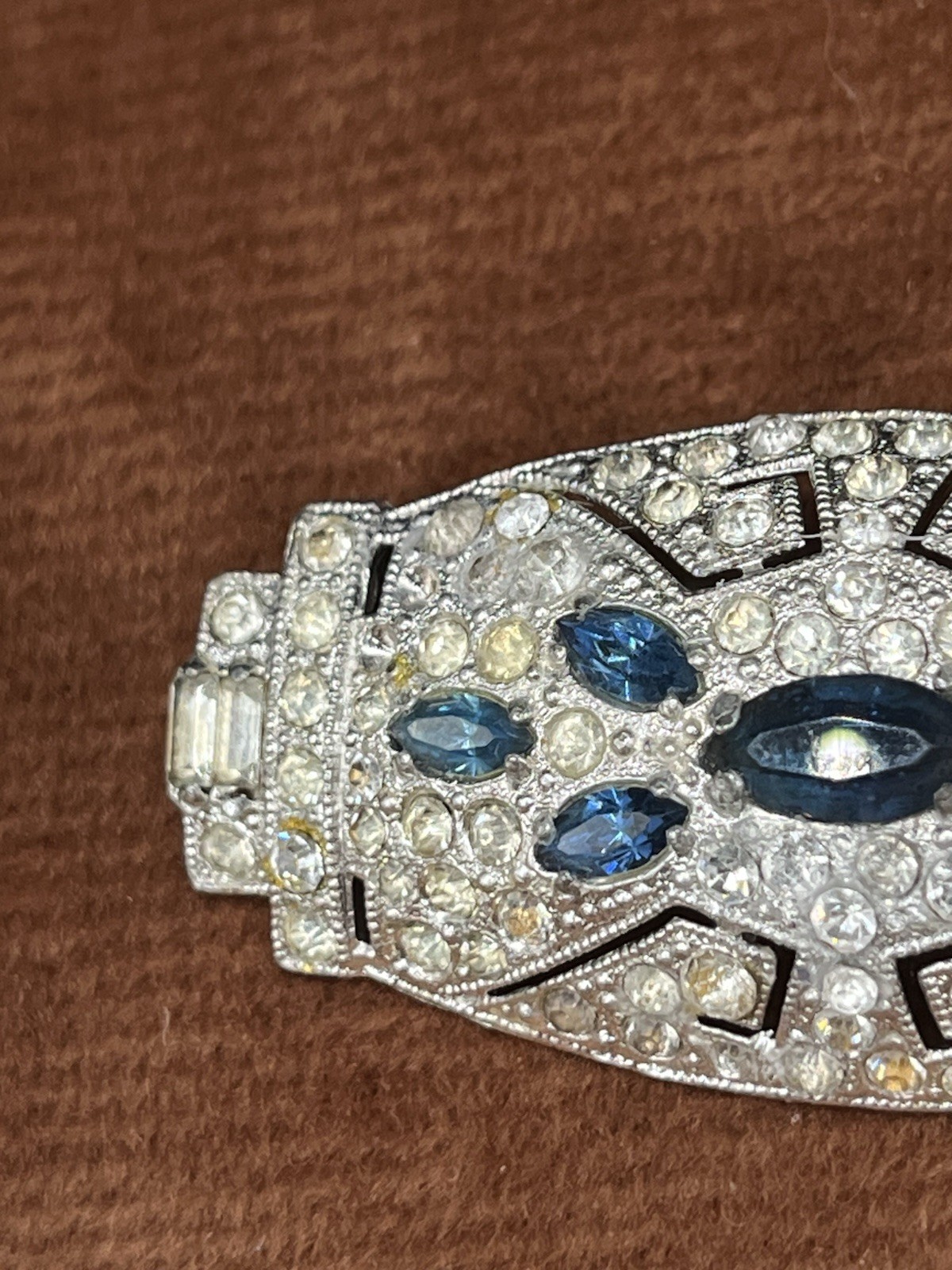 Art Deco Blue Uranium Glow Clear Paste Brooch w/ Baguette & Pavé Rhinestones 2”