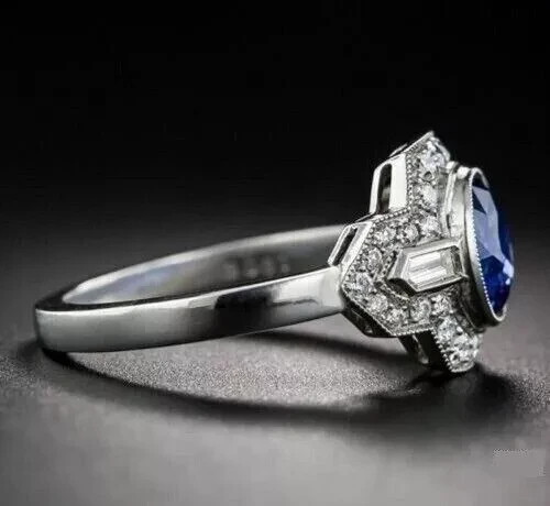 2.50Ct Round Blue Sapphire & Lab-Created Diamond Art Deco Style Ring 925 Silver