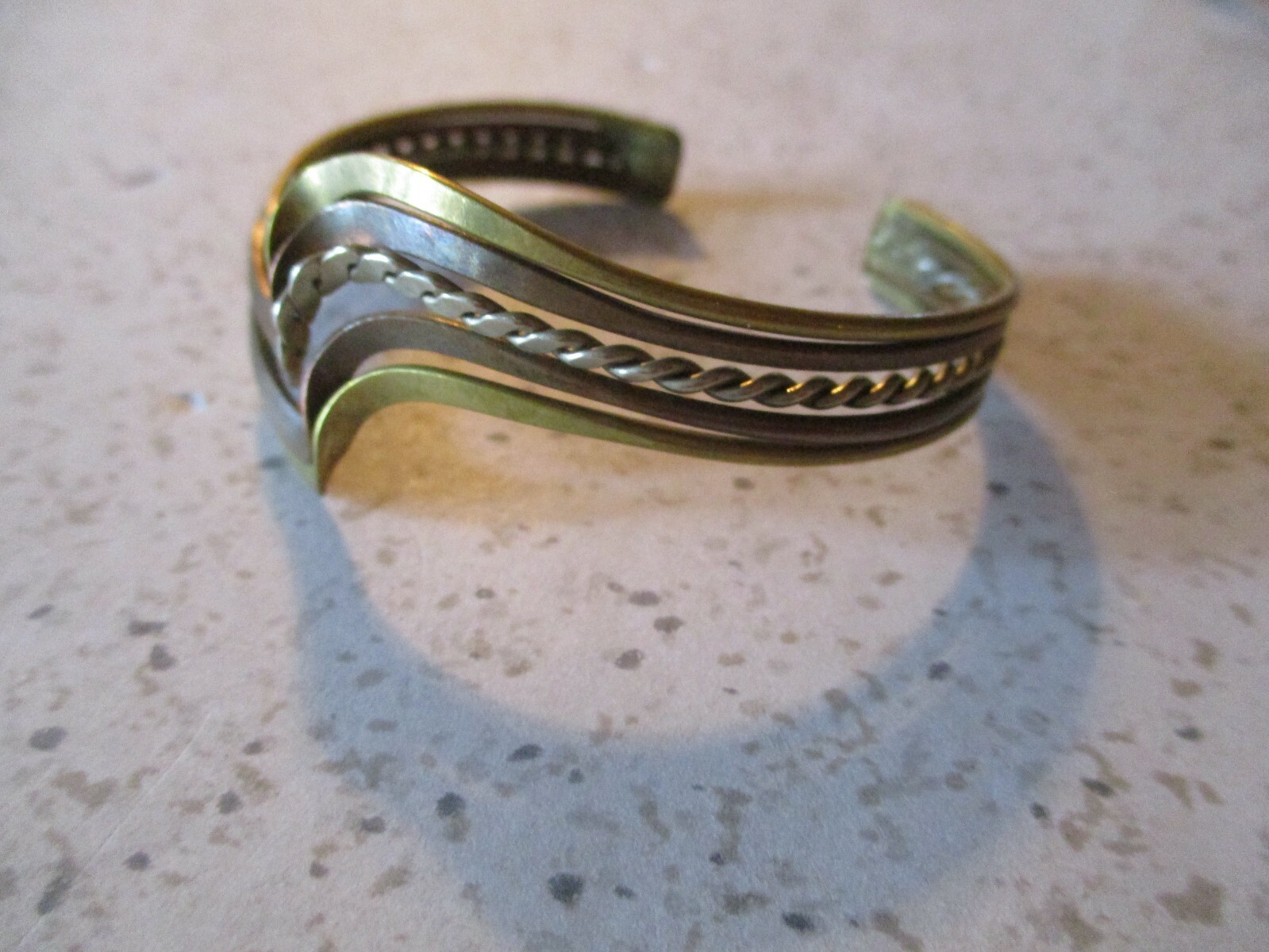 VINTAGE, CUFF BRACELET, COPPER, BRASS, TWISTED SILVERTONE, WAVE DESIGN, 2.25″ D