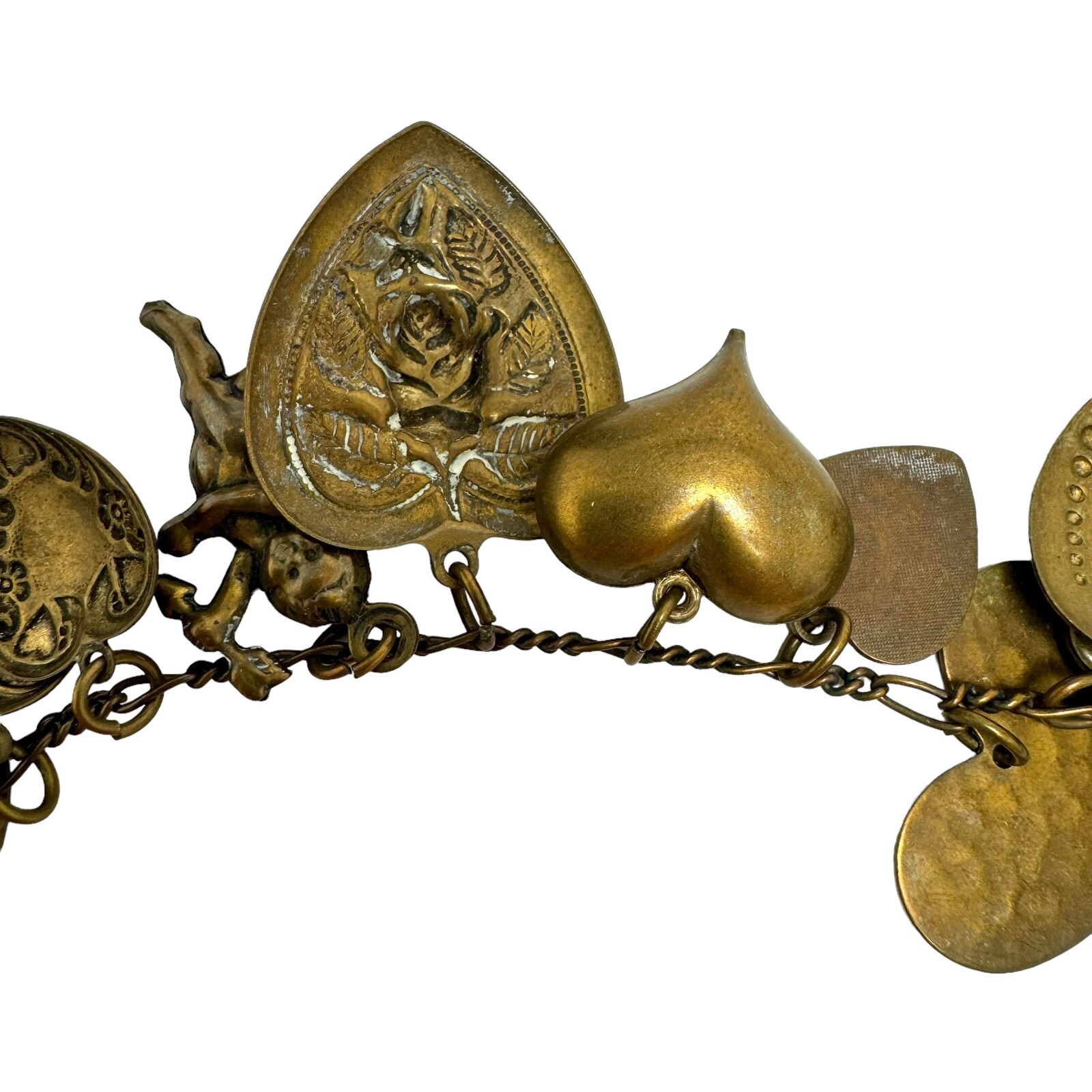 Victorian Style Bronze Color Embossed Fancy Hearts Cherub Charm Bracelet