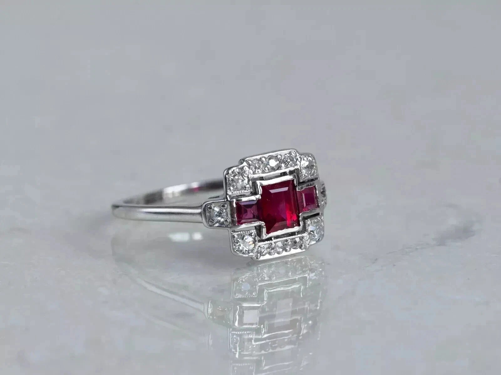 2Ct Art Deco Style Lab Created Ruby & Diamond Wedding 14K White Gold Finish Ring