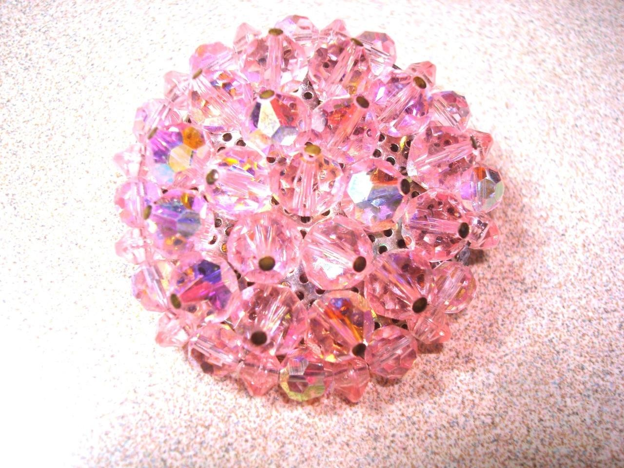 Vintage Beaded Cluster Brooch With Pink Crystal Glass & Plastic Beads KJ